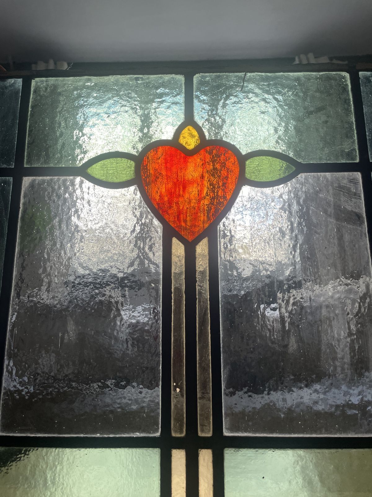 Antique Stained Glass Window Panel Emerald Green And Aqua Glass With Ruby Red Heart Motif. photo furniture