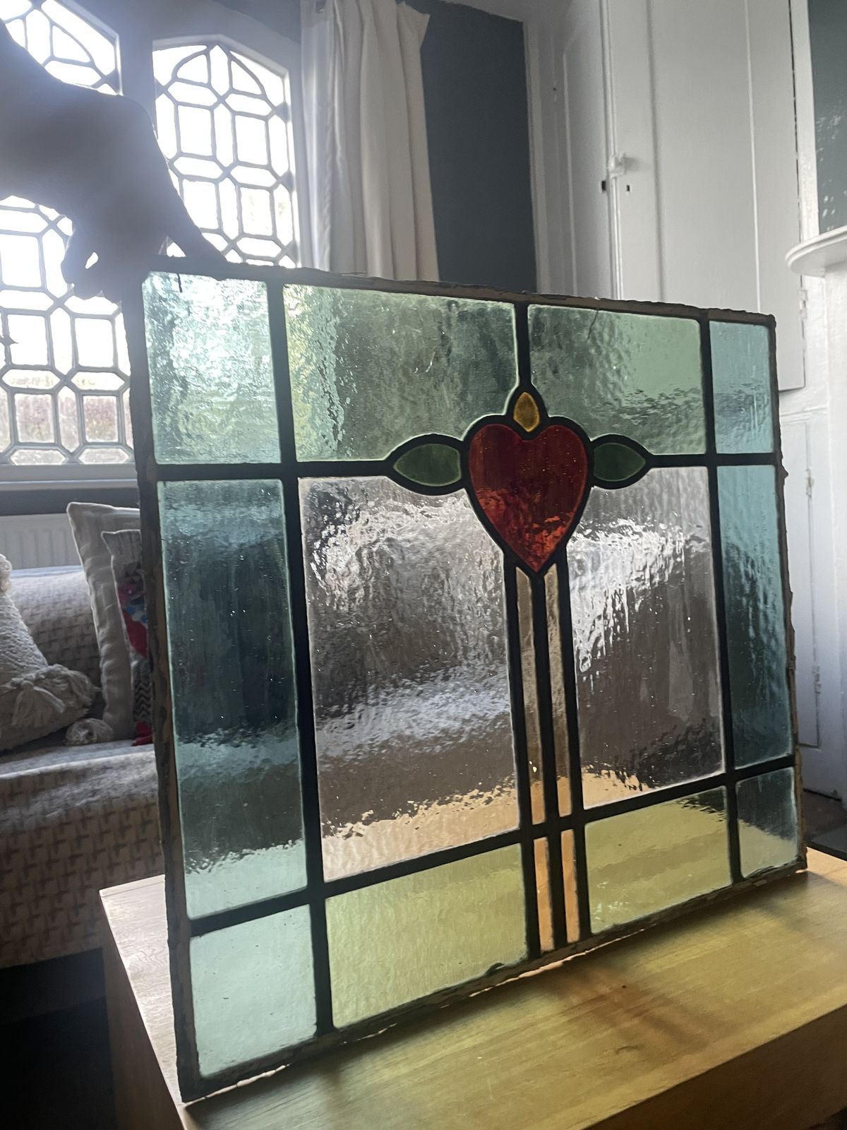Antique Stained Glass Window Panel Emerald Green And Aqua Glass With Ruby Red Heart Motif. photo for sale