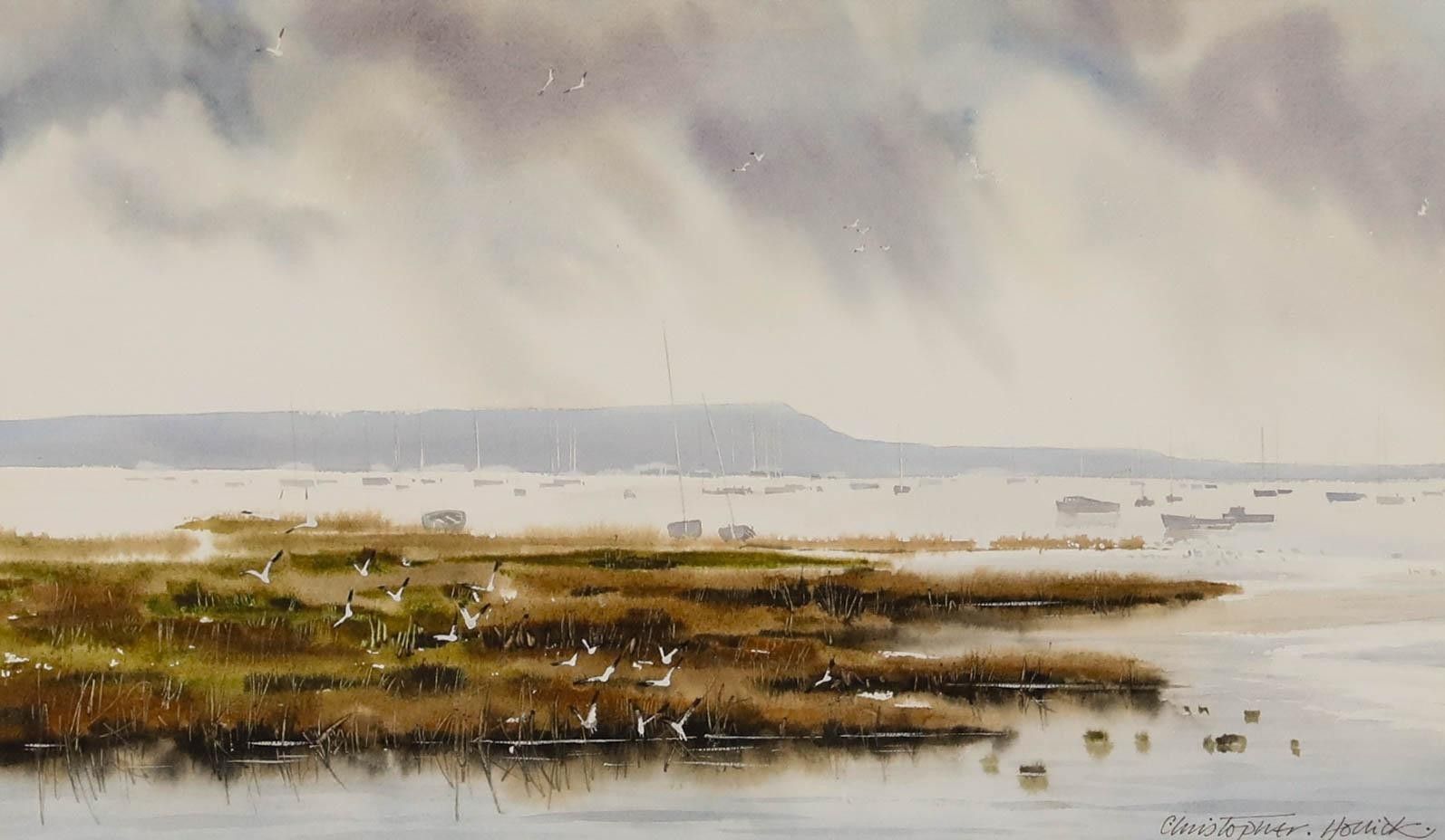 Christopher Hollick (B.1946) Framed Watercolour, Sea Birds & Boats photo furniture