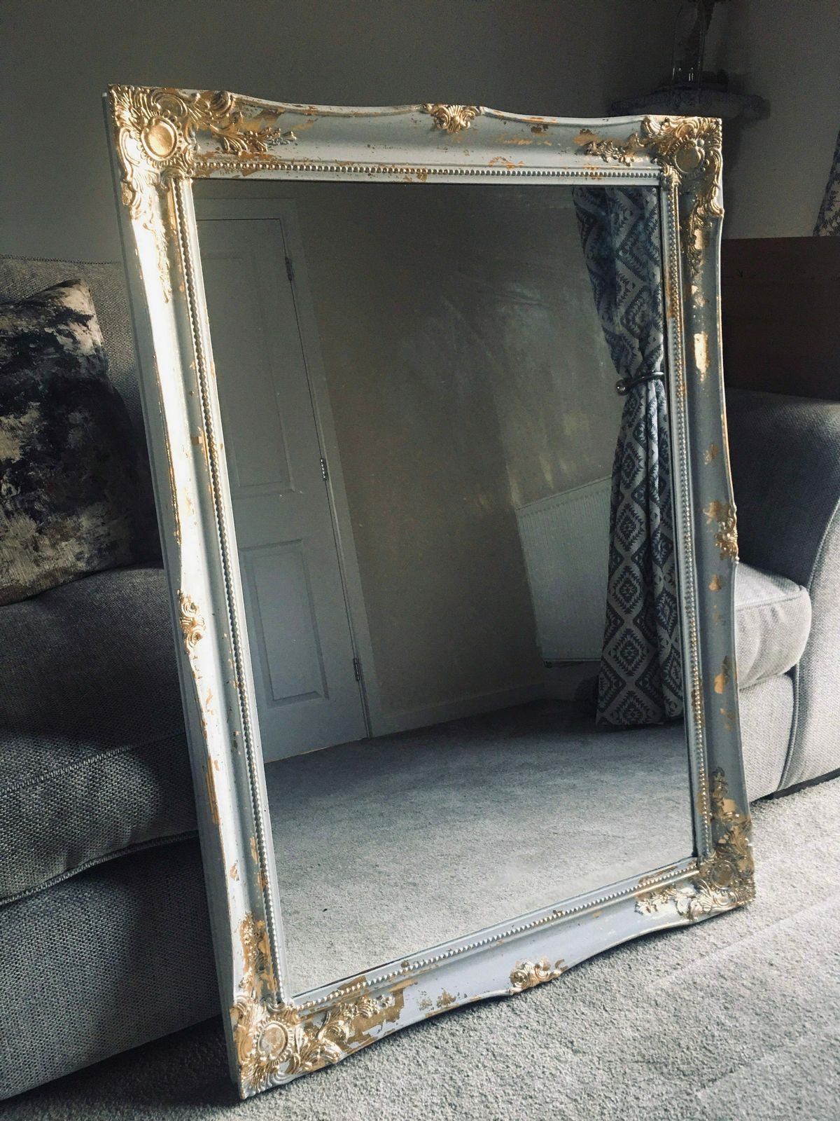Large Mirror French Baroque Antique Ornate Painted Grey And Gold Leaf