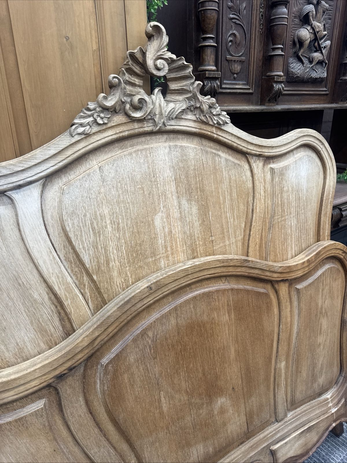A French Double Bed, With Carved Moulded Frame Complete With Mattress Base. Base Dimensions 130 Cm X 186 Cm, Headboard Height 137 Cm