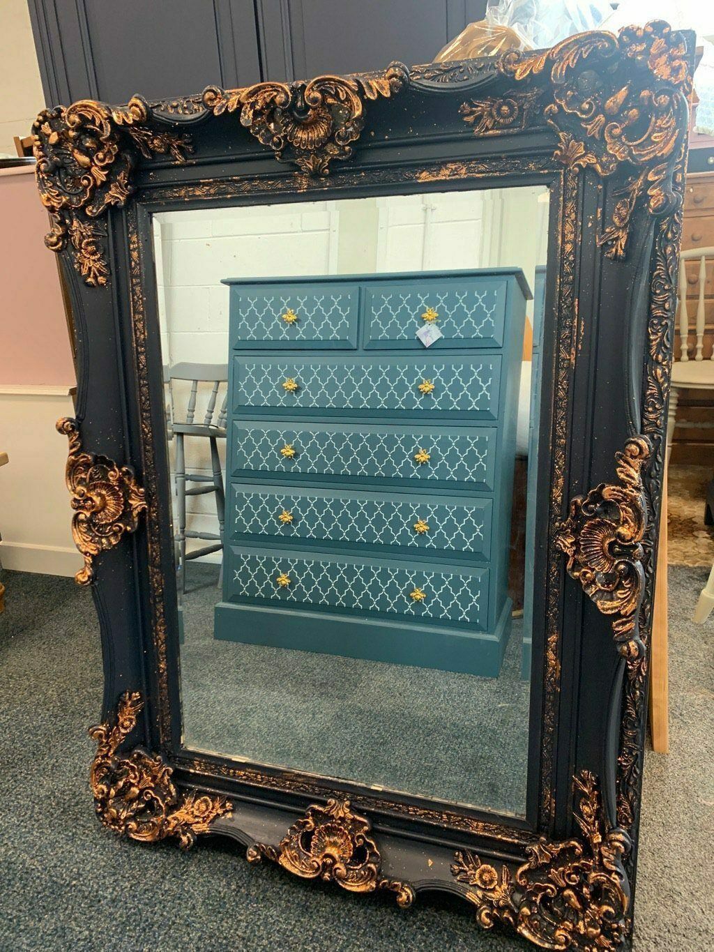 Large Mirror French Baroque Antique Ornate Navy And Copper Leaf photo furniture