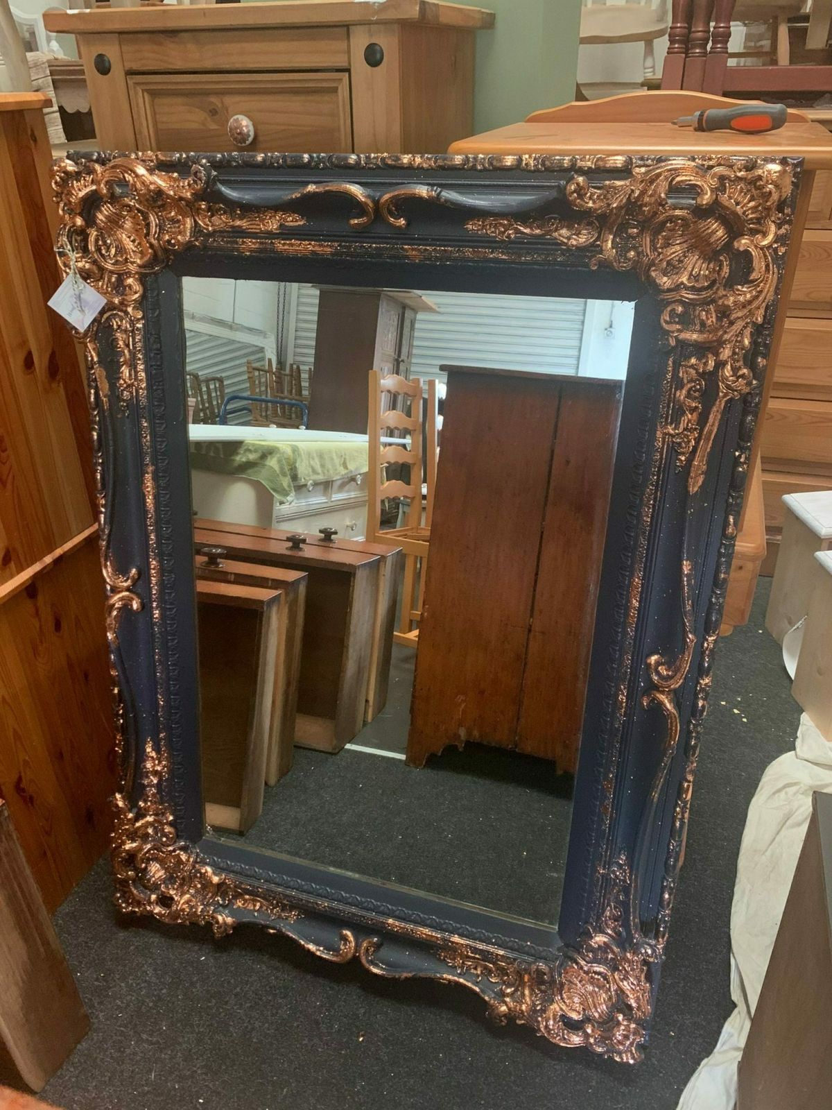 Large Mirror French Baroque Antique Ornate Navy And Copper Leaf photo 400.0