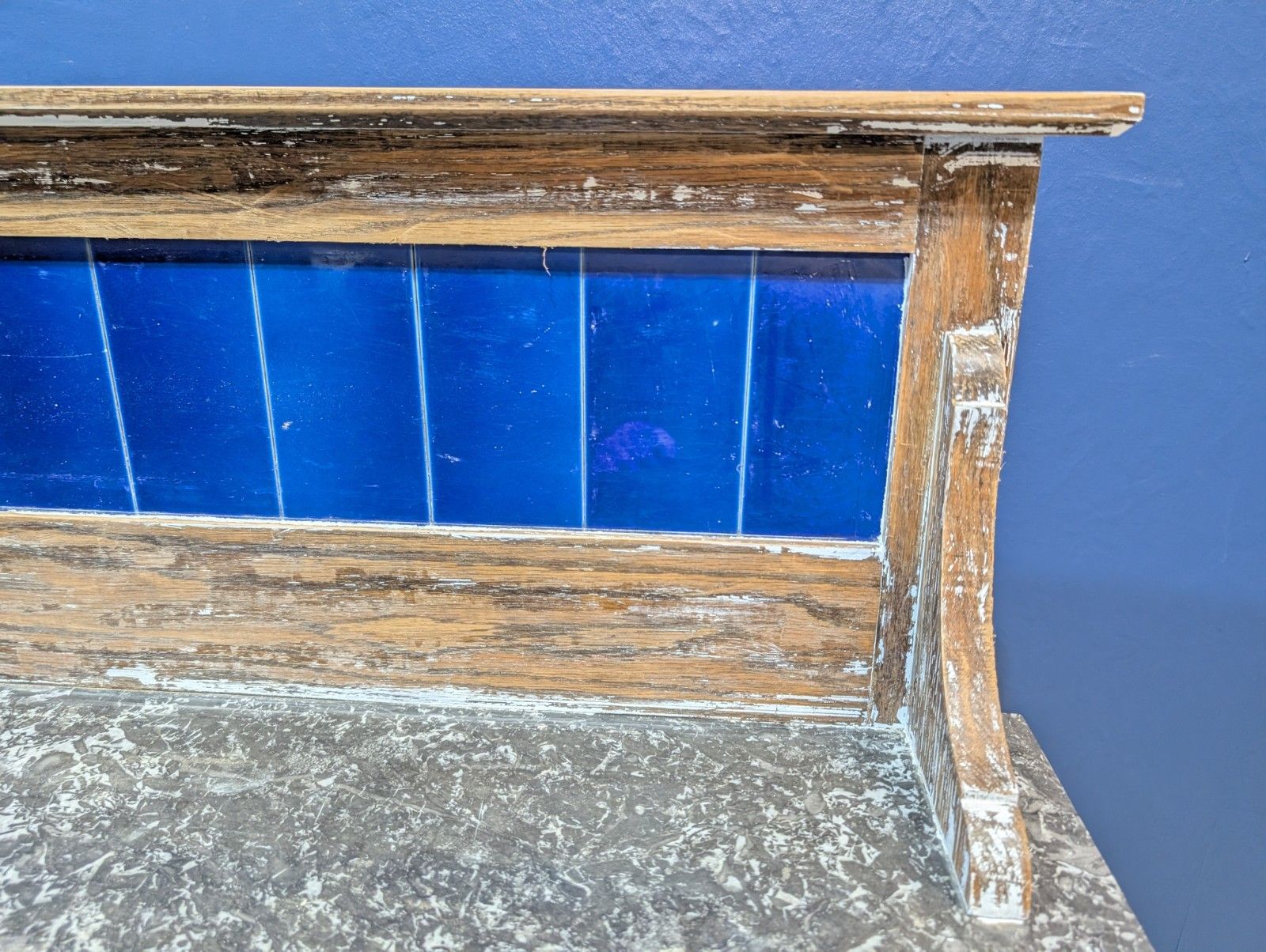 Victorian Oak Marble Top Washstand With Blue Tiled Back Cupboard Pot Cabinet photo 275.0