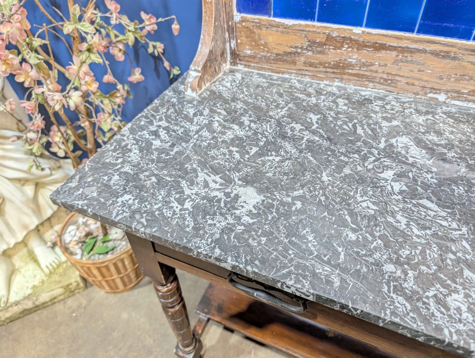Victorian Oak Marble Top Washstand With Blue Tiled Back Cupboard Pot Cabinet photo buy