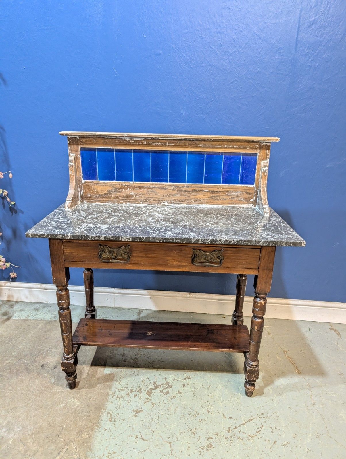 photo for sale Victorian Oak Marble Top Washstand With Blue Tiled Back Cupboard Pot Cabinet