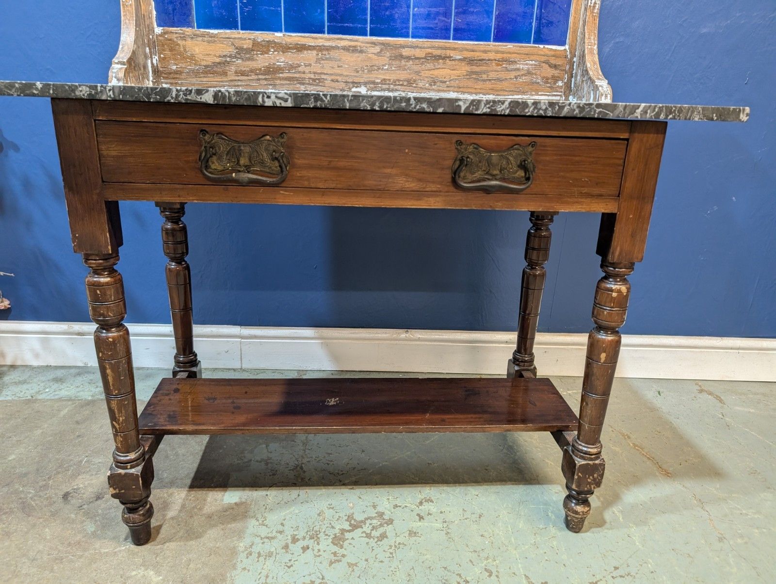 Furniture Victorian Oak Marble Top Washstand With Blue Tiled Back Cupboard Pot Cabinet photo