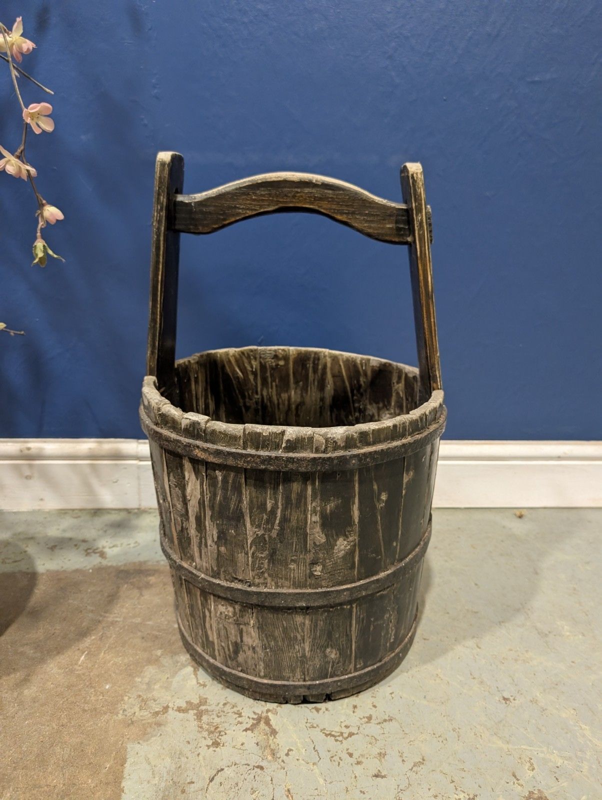 photo for sale Antique Primitive Wooden Well Water Bucket Plant Pot Ironbound Barrel