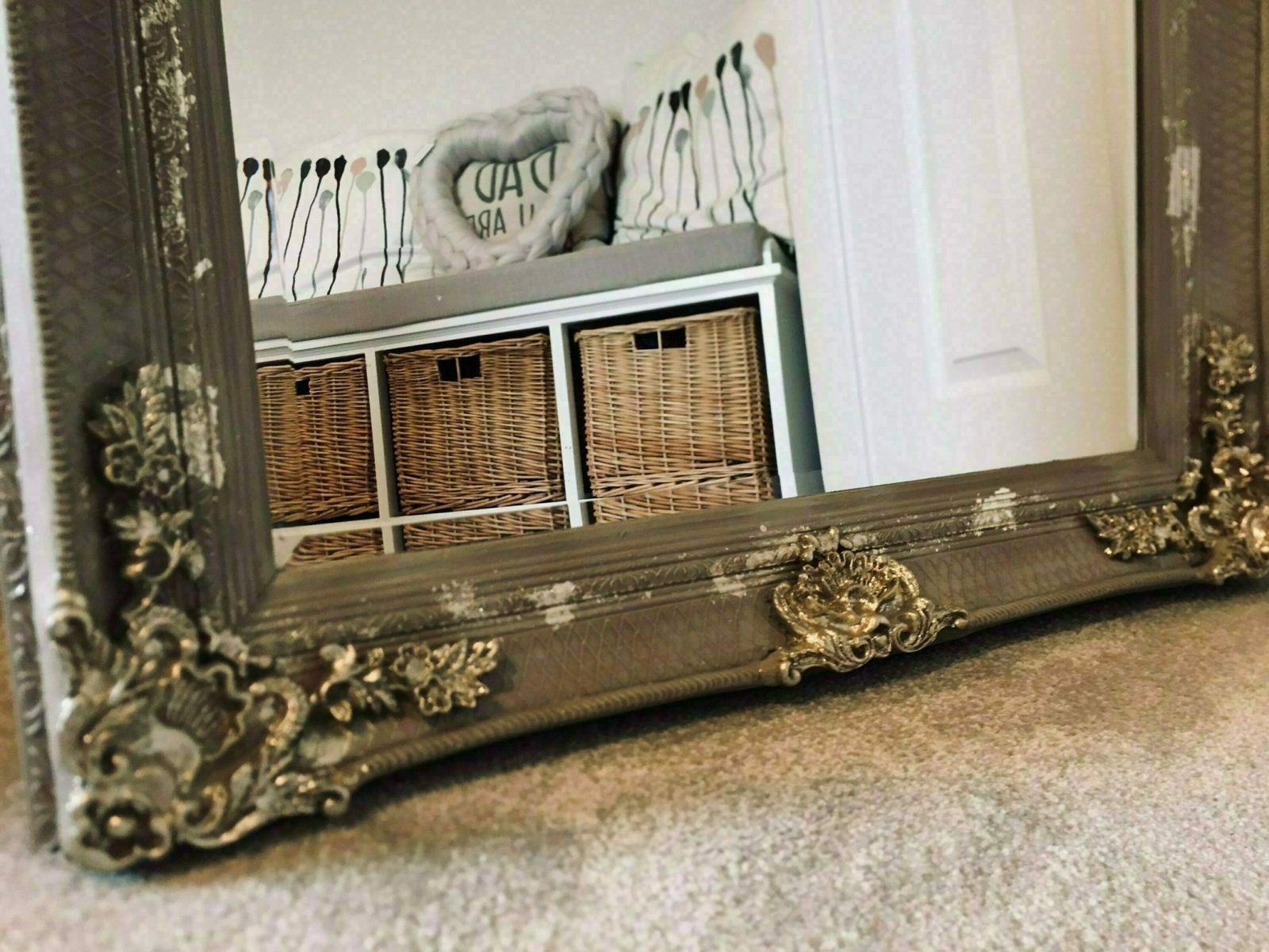 Large Mirror French Baroque Antique Ornate Painted Taupe And Silver Leaf photo for sale