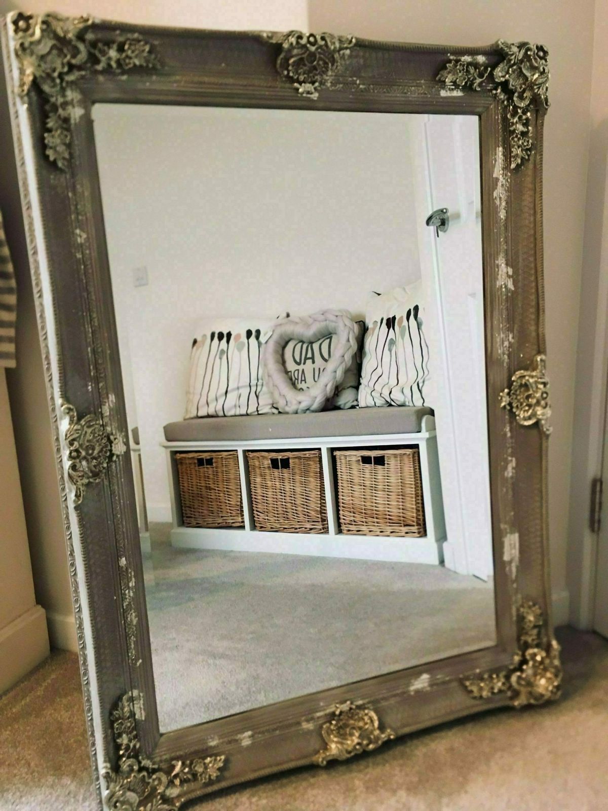 Large Mirror French Baroque Antique Ornate Painted Taupe And Silver Leaf photo 275.0
