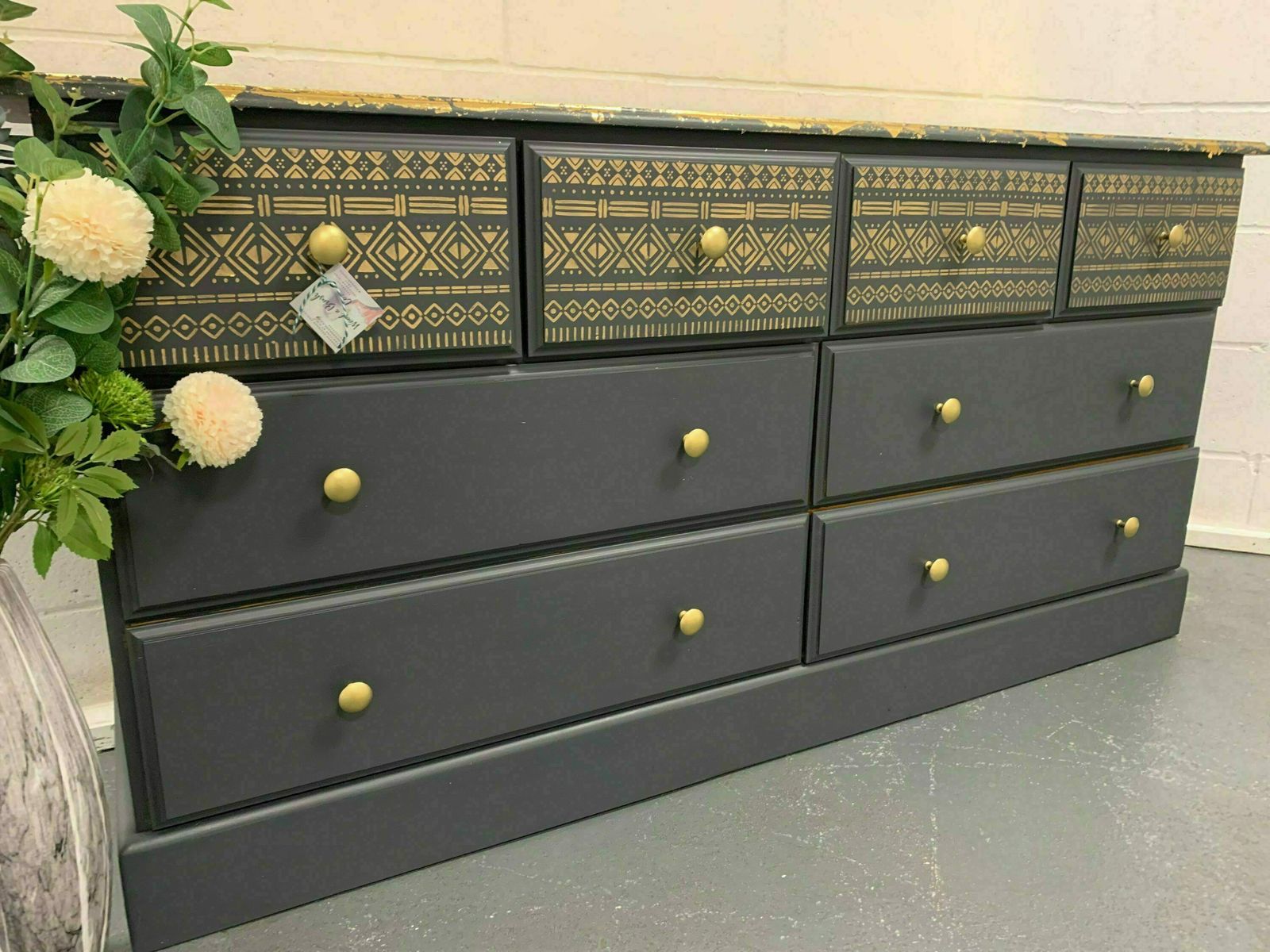 Large Aztec Tribal Chest Of Drawers Painted Bespoke Stencilled Upcycled photo for sale