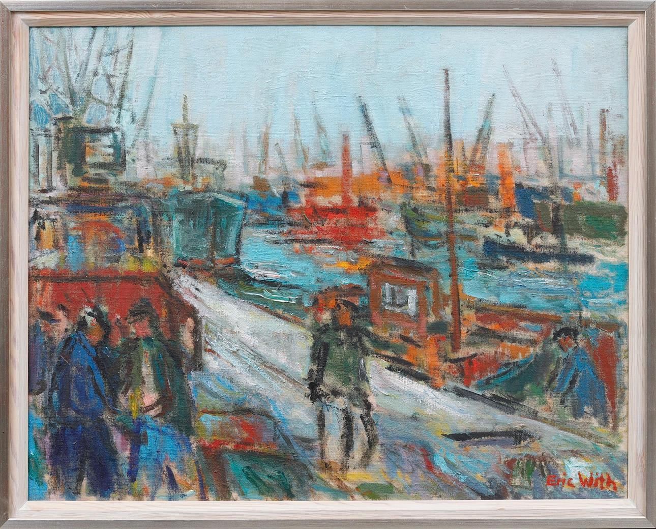Original Mid Century Swedish Oil On Canvas – “Port Of Gothenburg” By Eric With – Vintage & Framed – 74.5 × 92.5 Cm (29.3" × 36.4") photo furniture