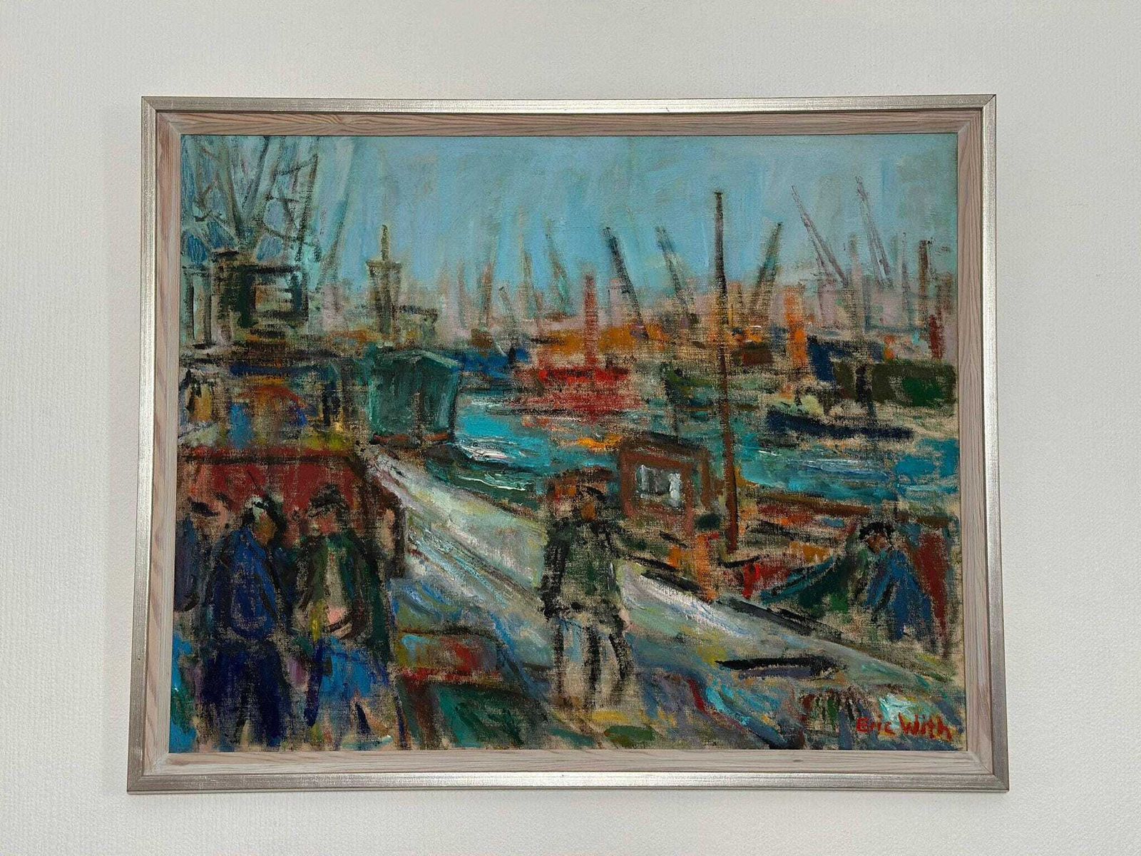 photo vinterior Original Mid Century Swedish Oil On Canvas – “Port Of Gothenburg” By Eric With – Vintage & Framed – 74.5 × 92.5 Cm (29.3" × 36.4")