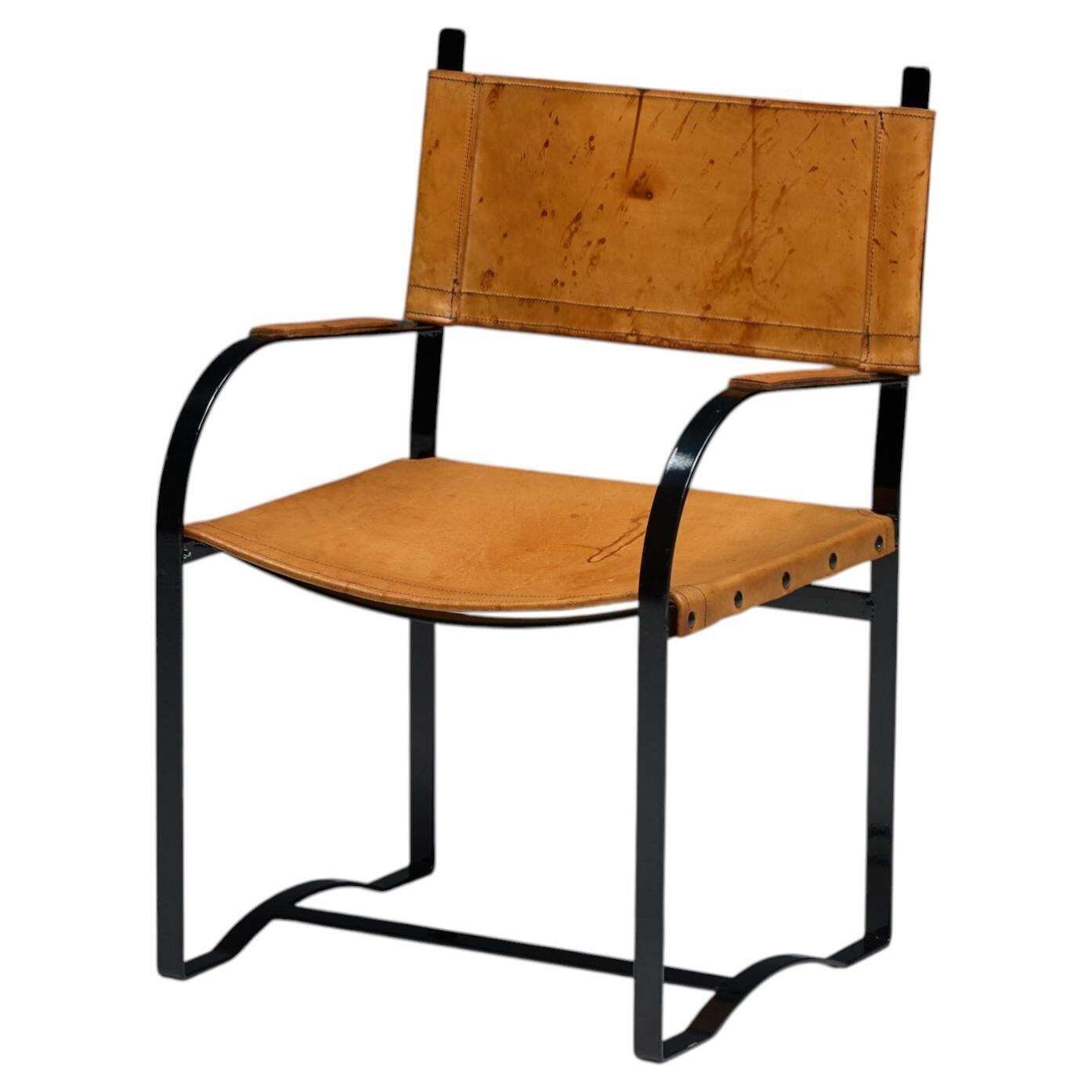 Cognac Leather Armchair, Black Lacquer Steel Frame, Belgium, 1960s