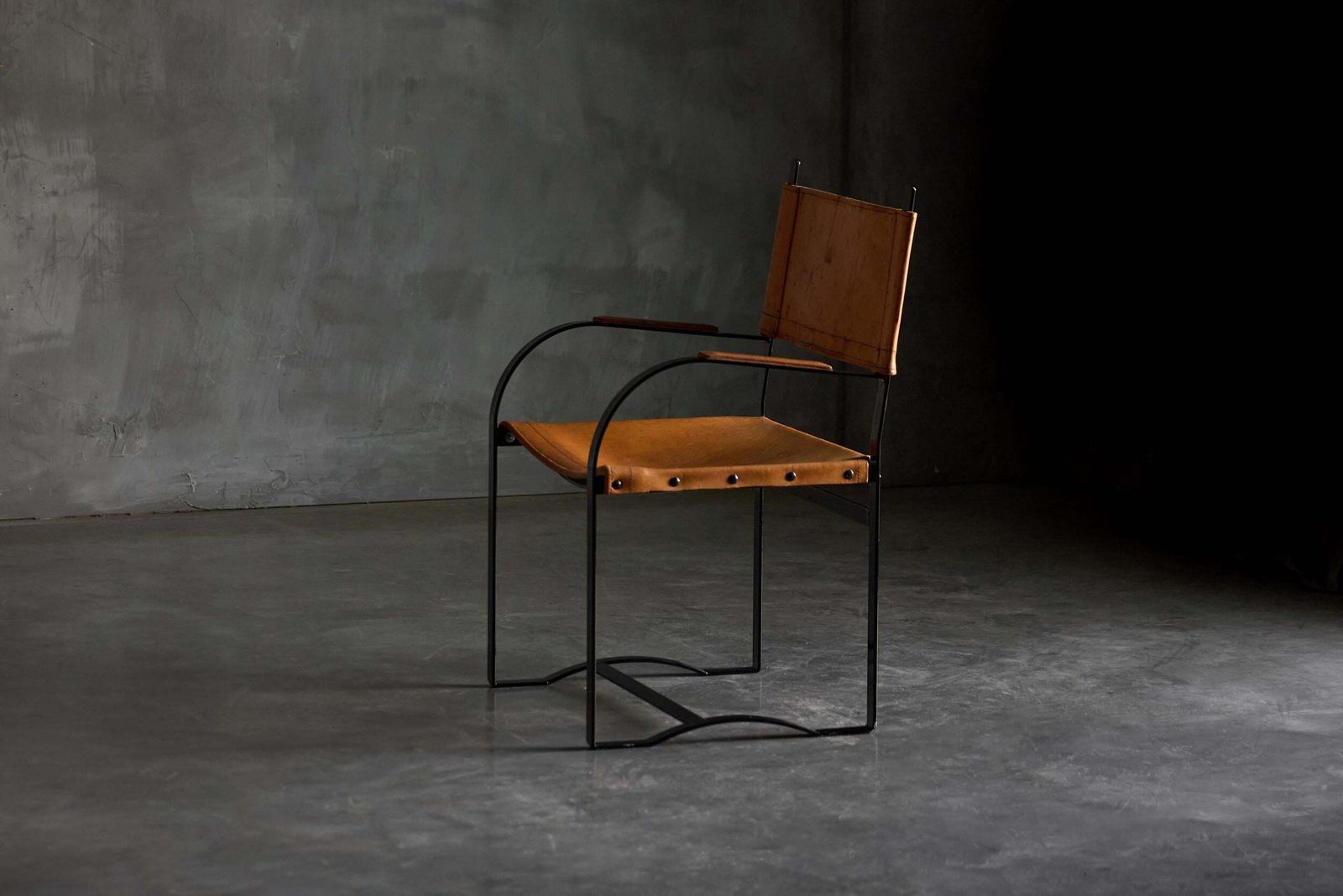 photo for sale Cognac Leather Armchair, Black Lacquer Steel Frame, Belgium, 1960s