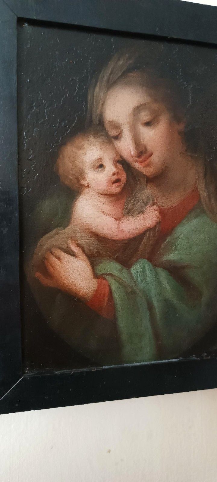 Antique Copper Painting Madonna With Child Italian School photo vintage