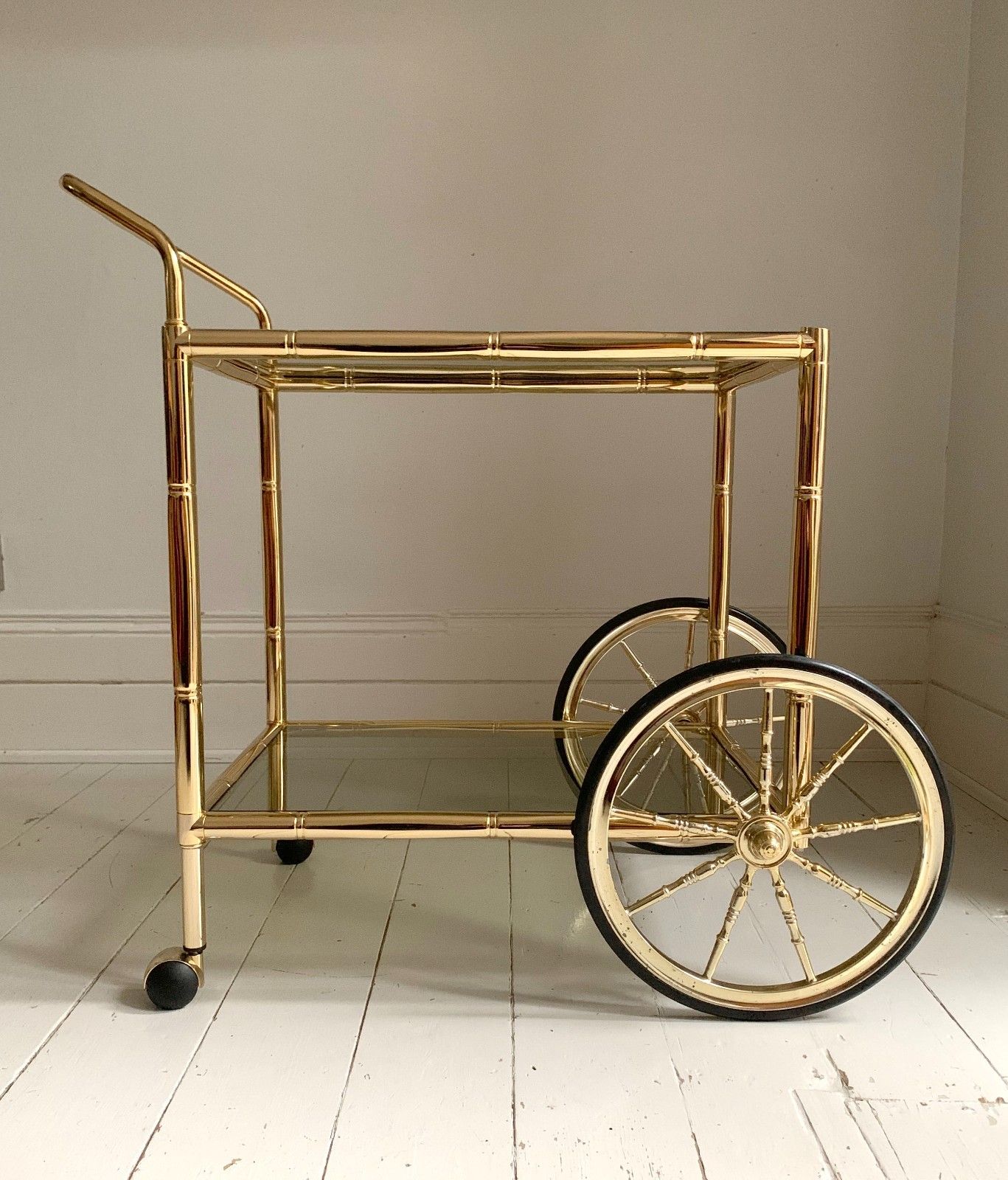 Vintage 1970s Faux Bamboo Two Tier Brass & Glass Cocktail Drinks Trolley Bar photo for sale