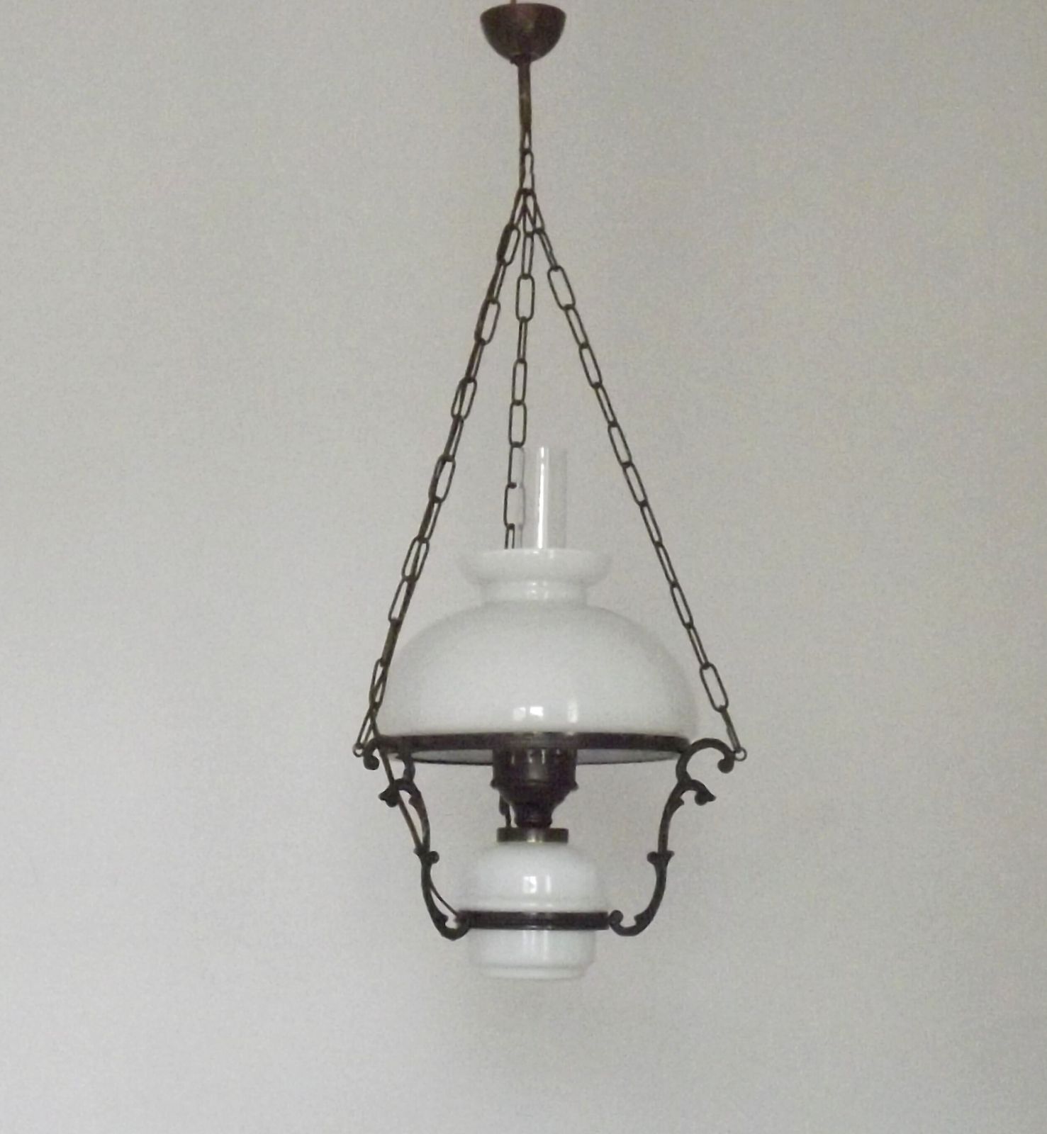French Vintage Bronze Effect Metal And Glass Hanging Lantern Ceiling Light With White Shade And Glass Funnel photo furniture