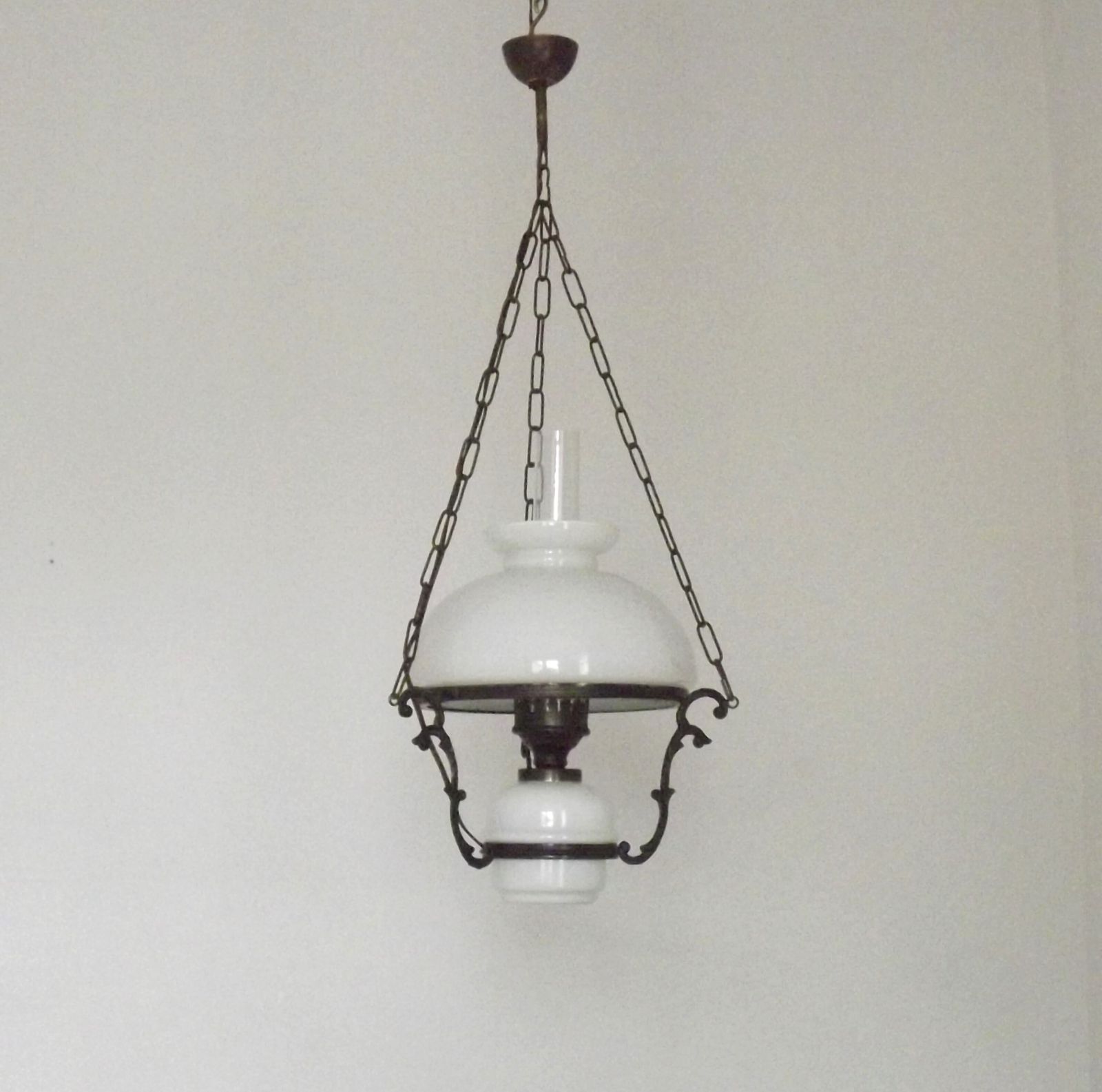 French Vintage Bronze Effect Metal And Glass Hanging Lantern Ceiling Light With White Shade And Glass Funnel