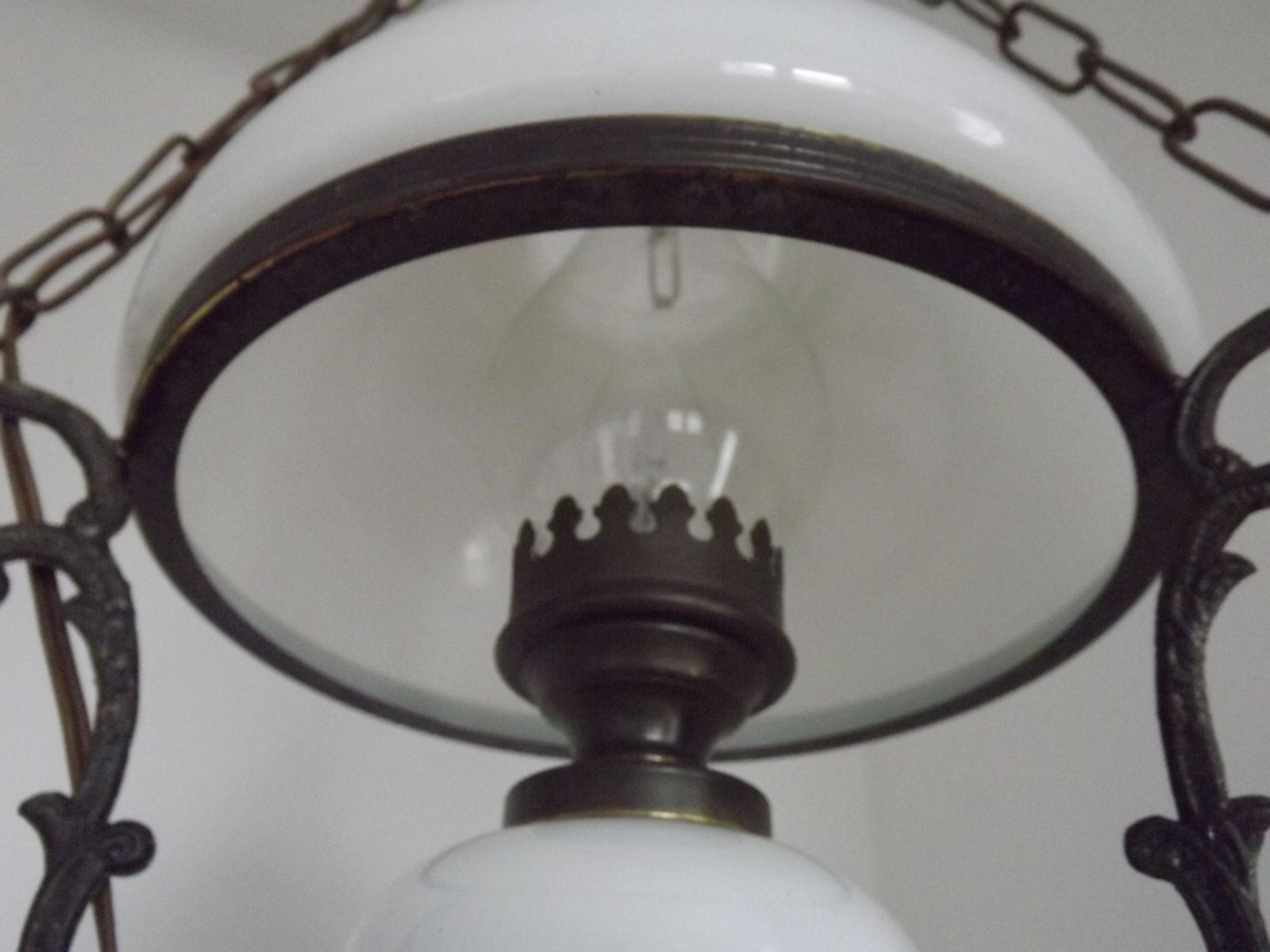 photo vinterior French Vintage Bronze Effect Metal And Glass Hanging Lantern Ceiling Light With White Shade And Glass Funnel