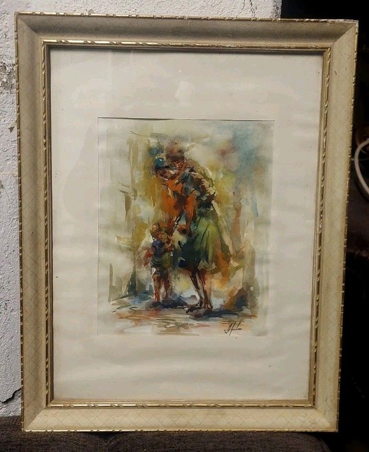 Detail Watercolor On Paper 1950s Signed Wooden Frame photo for sale