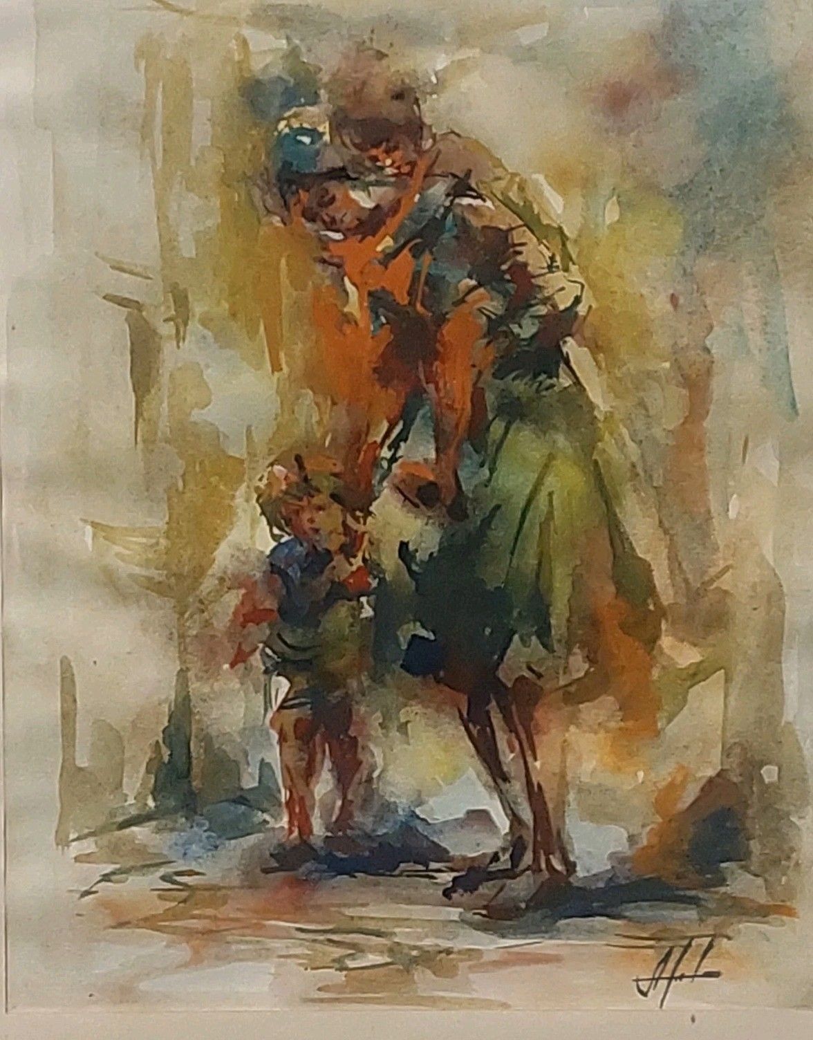 Detail Watercolor On Paper 1950s Signed Wooden Frame photo buy