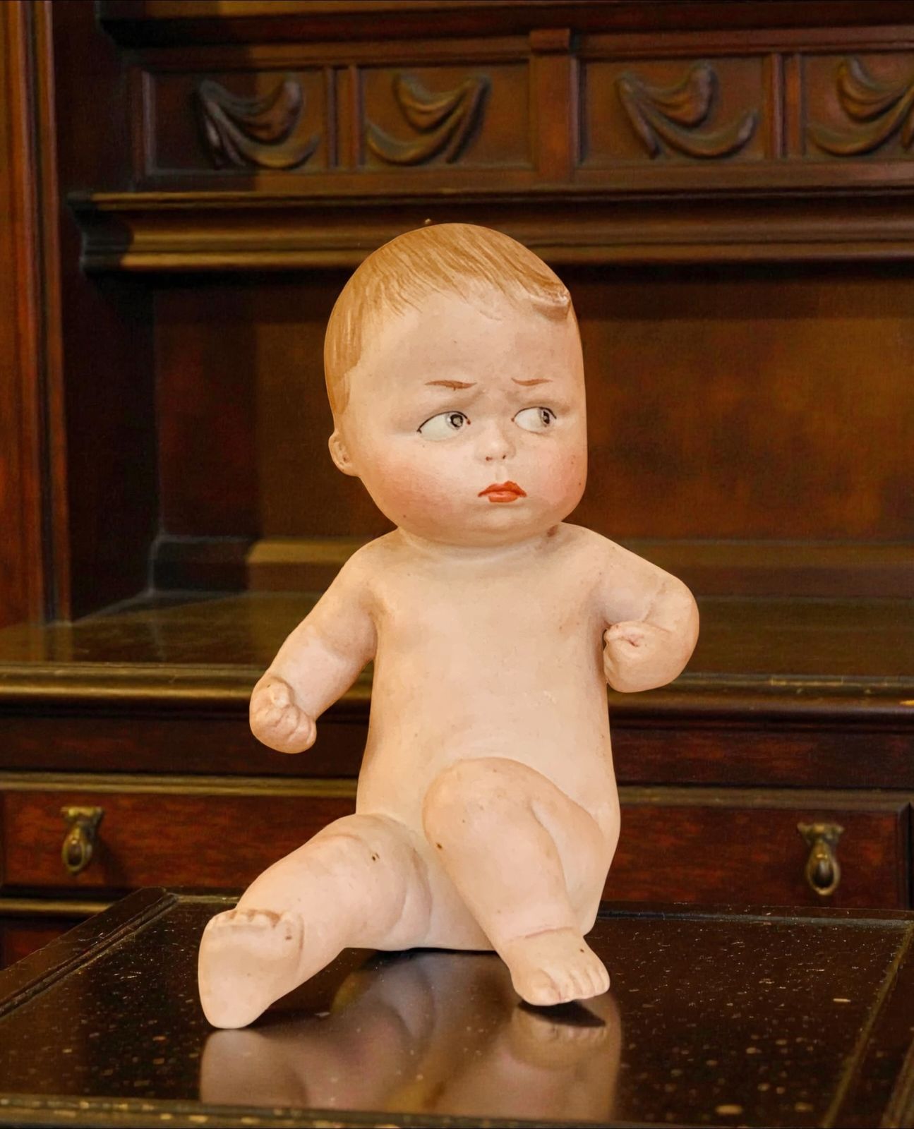 photo for sale Antique 1880's  German Gebrüder Heubach Bisque Figurine Piano Baby 'Tough Guy'