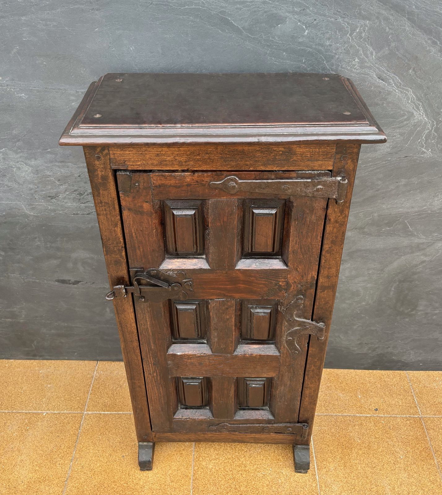 photo furniture Spanish Rustic Solid Oak Cabinet With Paneled Door And Iron Hardware, 1880s