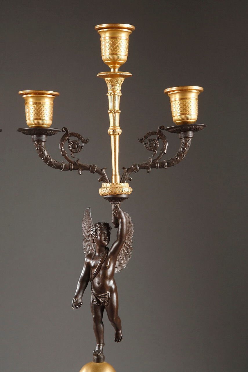 Pair Of Putti Candelabra In Gilt And Patinated Bronze photo buy