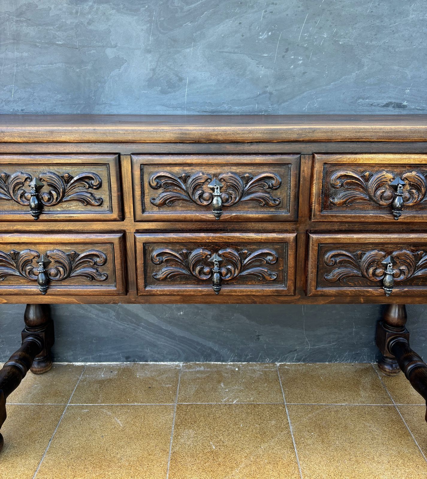 Spanish Renaissance Revival Oak Six Drawer Console With Carved Panels, 1930s photo for sale