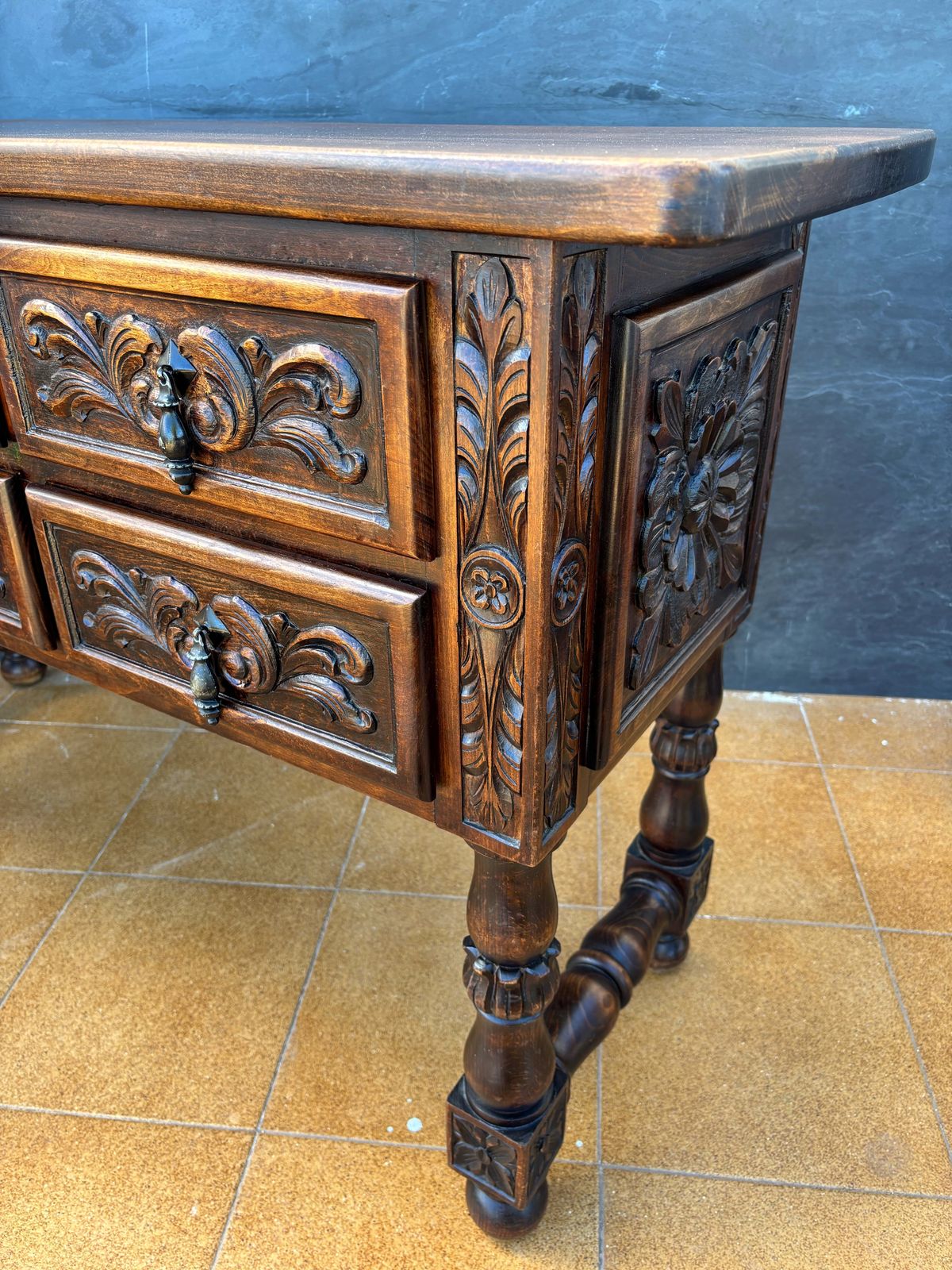 Spanish Renaissance Revival Oak Six Drawer Console With Carved Panels, 1930s photo vinterior