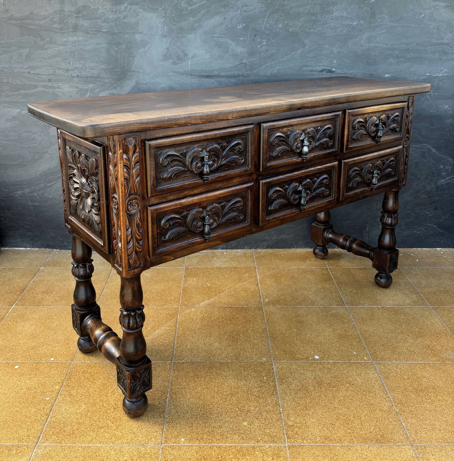 Spanish Renaissance Revival Oak Six Drawer Console With Carved Panels, 1930s photo vintage