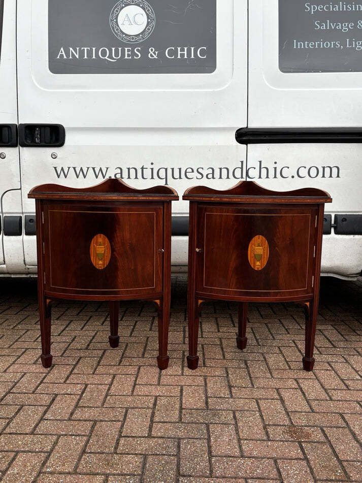 photo for sale Pair Of Sheraton Revival Inlaid Mahogany Corner Cabinets.