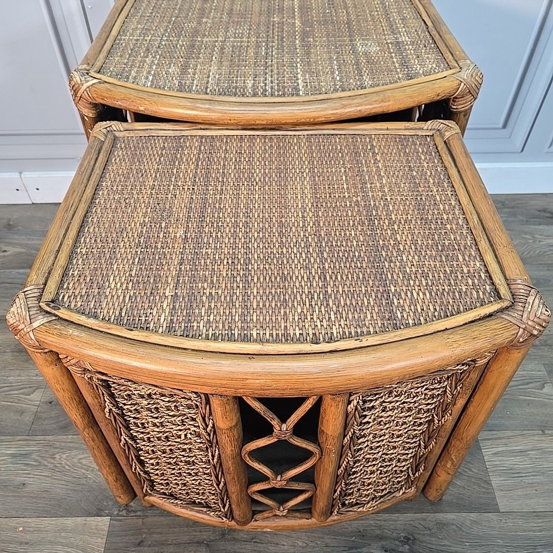 Furniture Vintage Nest Of Tables Retro Rattan Boho Mid Century Style Cane Side Nested photo