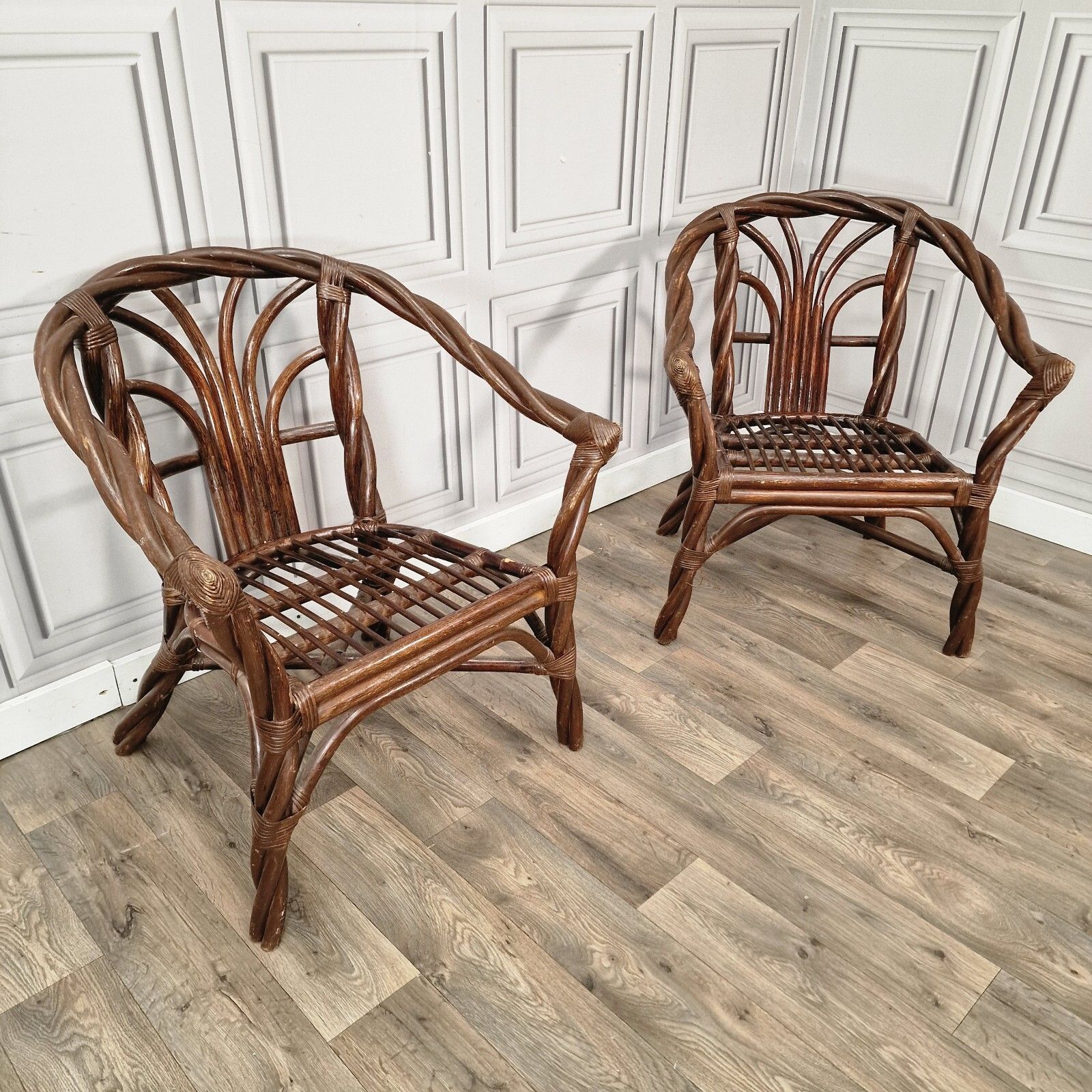 Retro Pair Arm Chairs X2 Twisted Bamboo Wicker Cane Tub Seats Boho Tiki Twist photo vintage