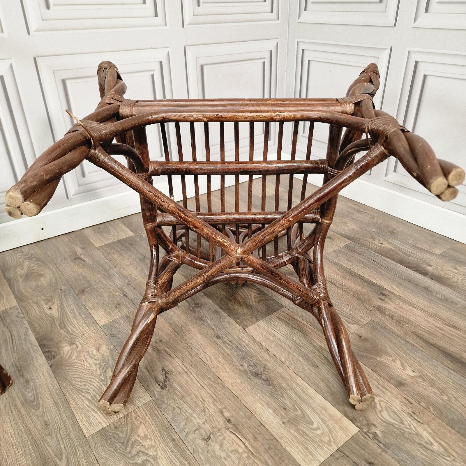 photo vintage Retro Pair Arm Chairs X2 Twisted Bamboo Wicker Cane Tub Seats Boho Tiki Twist