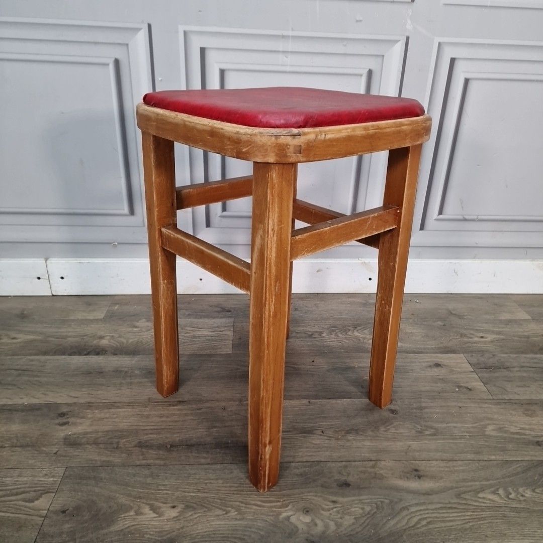 Vintage Wooden Kitchen Stool – Red Vinyl Seat – Mid Century Utility Café Style photo furniture