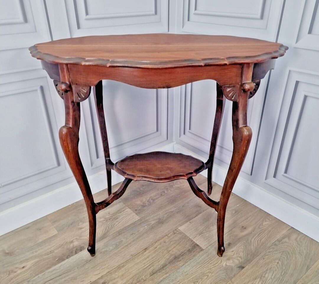 Antique Edwardian End Table Wooden Window Side Scalloped Top 2 Tier Mahogany