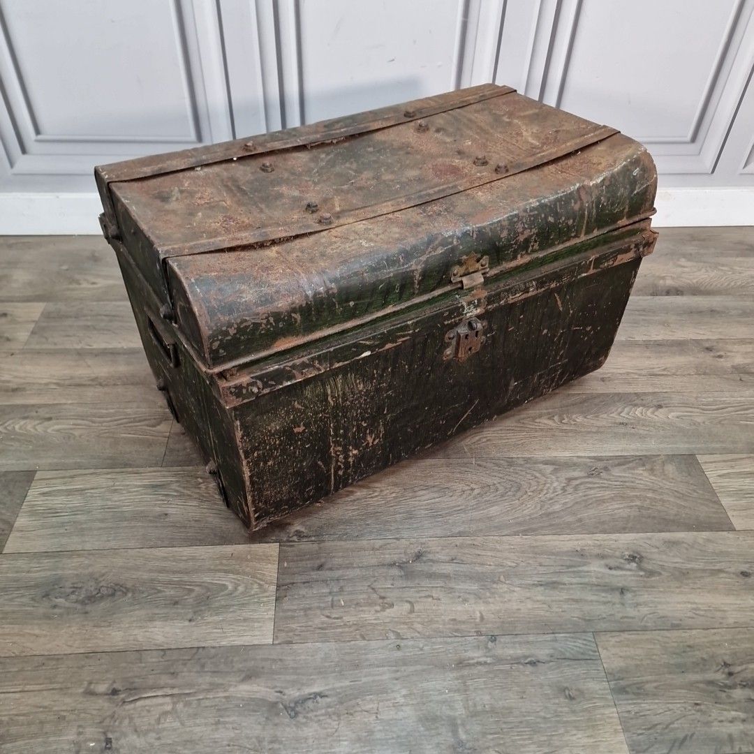 Antique Metal Travel Trunk – Dome Top Tin Chest – Rustic Vintage Storage Planter photo furniture