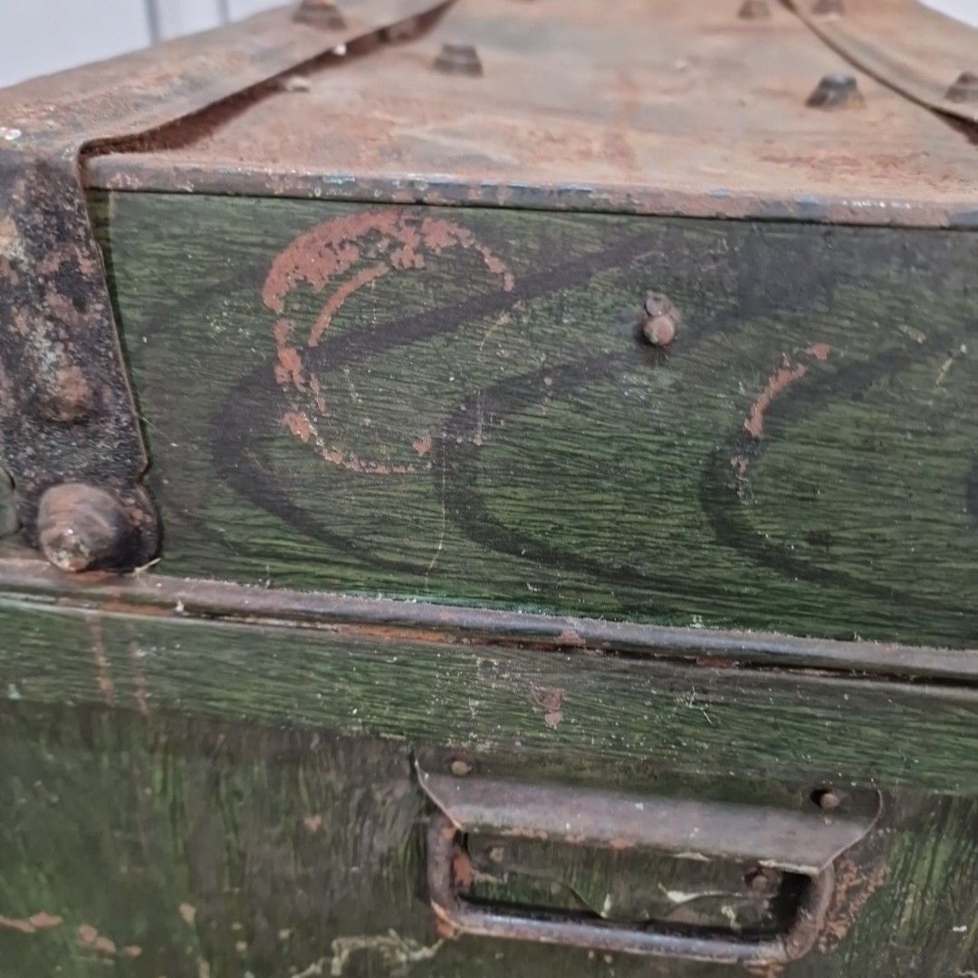 70.0 Antique Metal Travel Trunk – Dome Top Tin Chest – Rustic Vintage Storage Planter photo