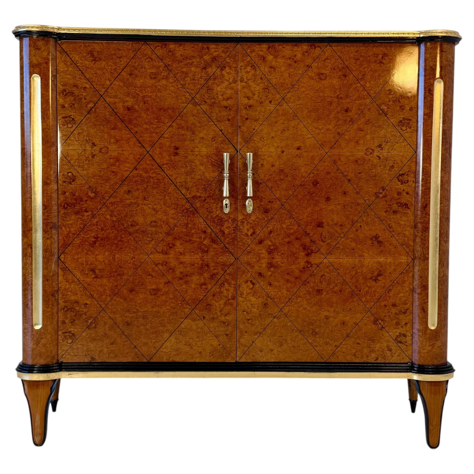 1940s Italian Art Deco Cabinet In Maple Burl With Black Lacquer Details
