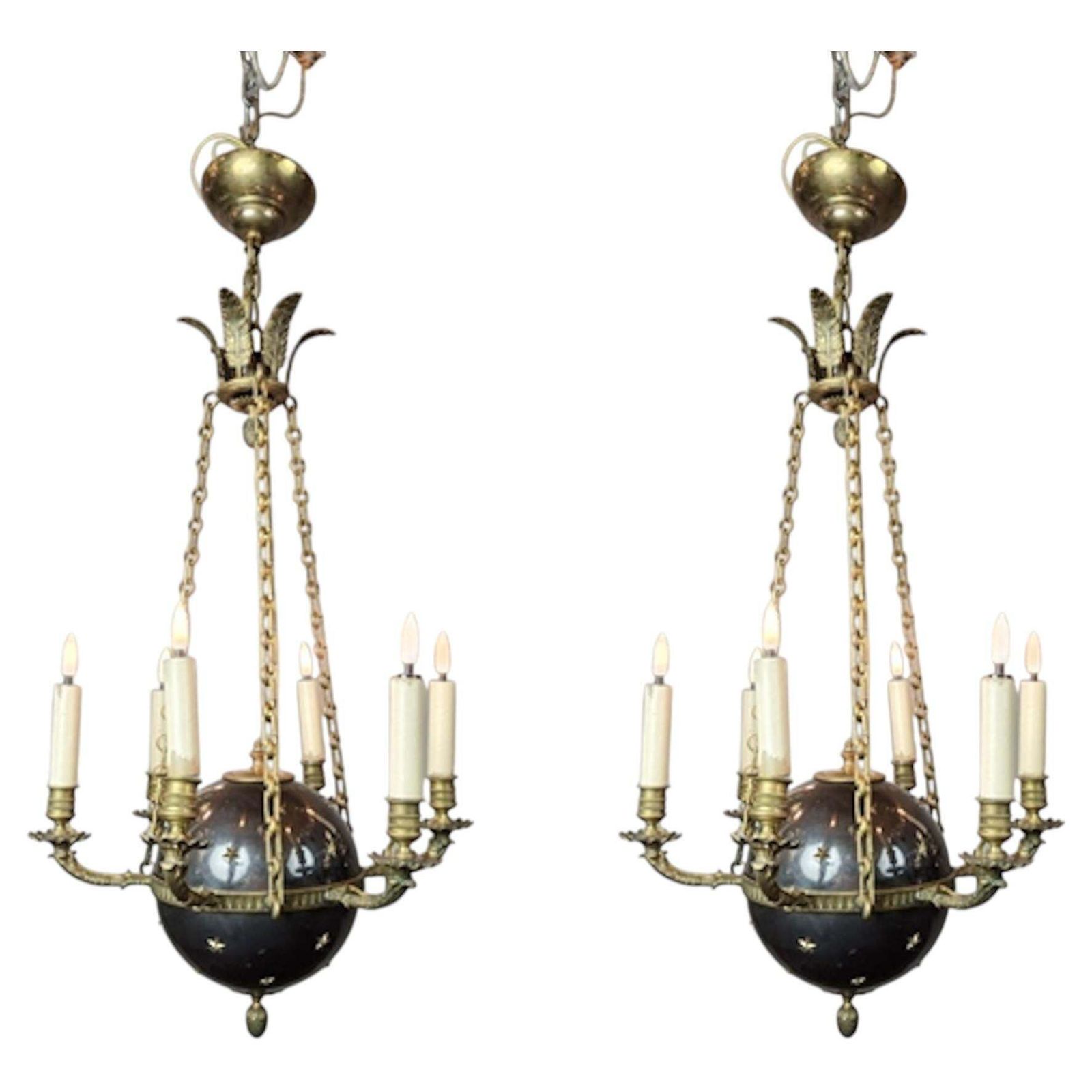 Pair Of Empire Chandeliers In Sheet Metal, Bronze And Brass, 19th