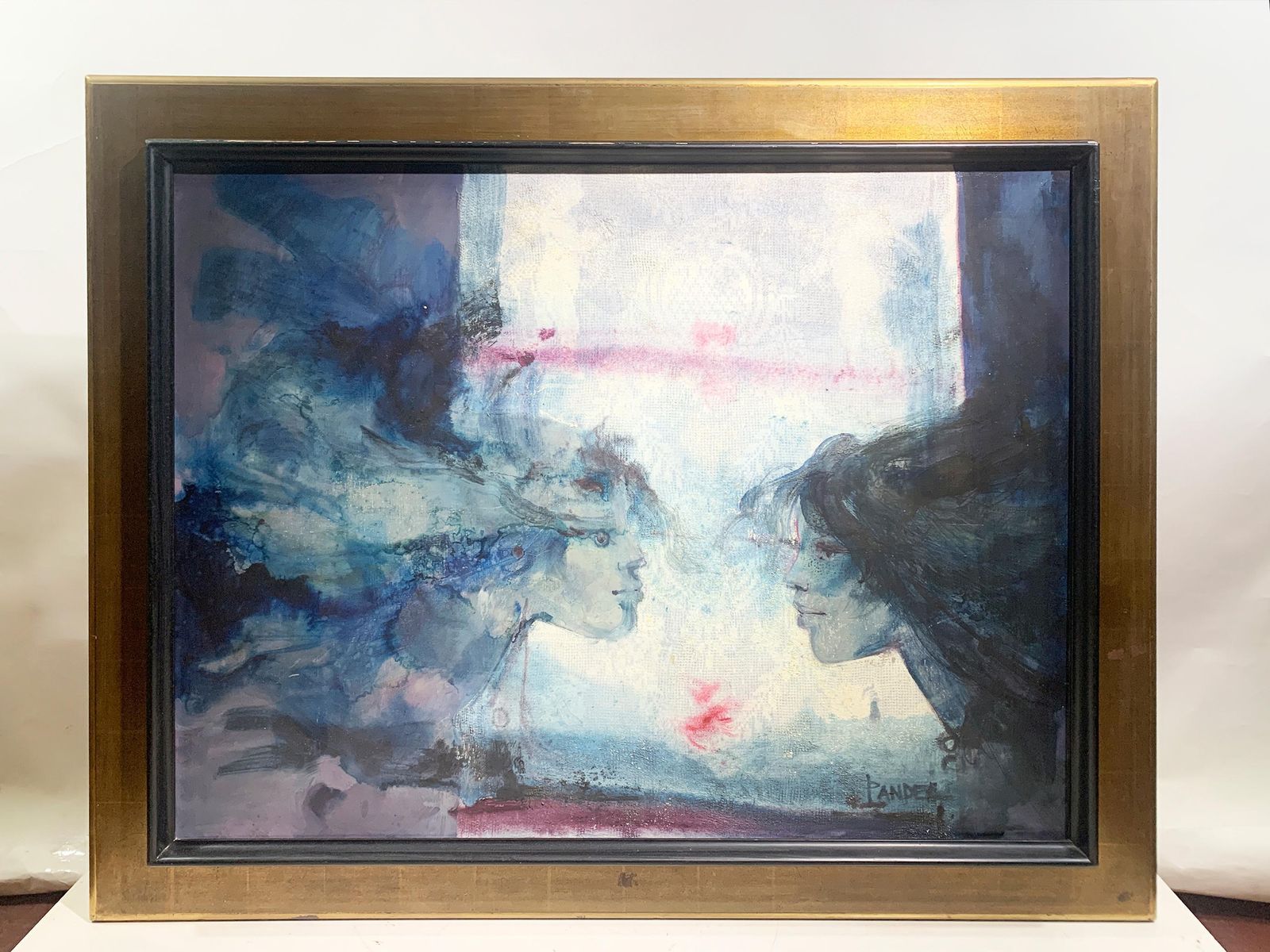 Michel Pandel, "Les Amoureux" , Mid Century French Surrealist Painting, Signed photo furniture