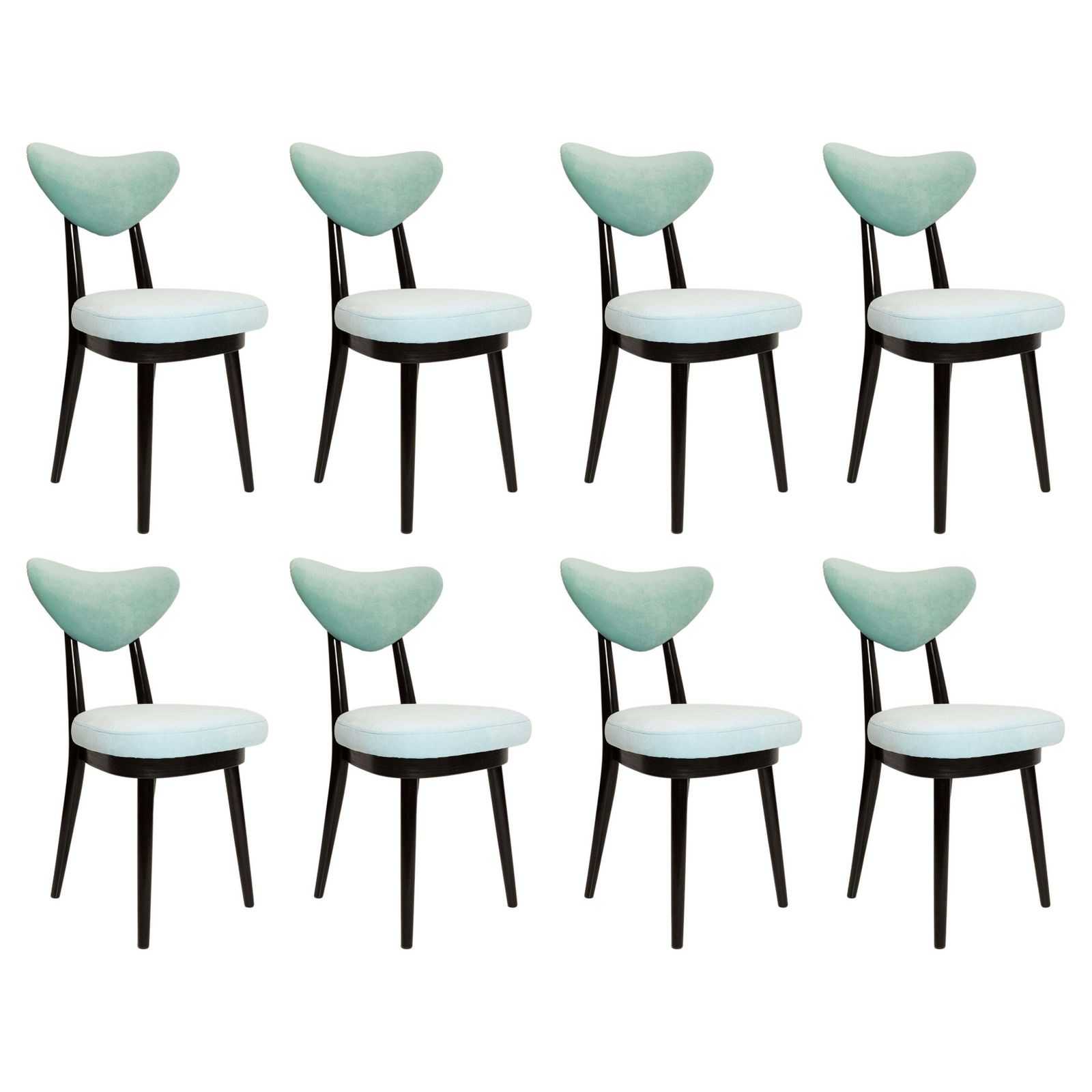 Set Of Eight Mid Century Green And Blue Mixed Velvet Heart Chairs, Europe, 1960s