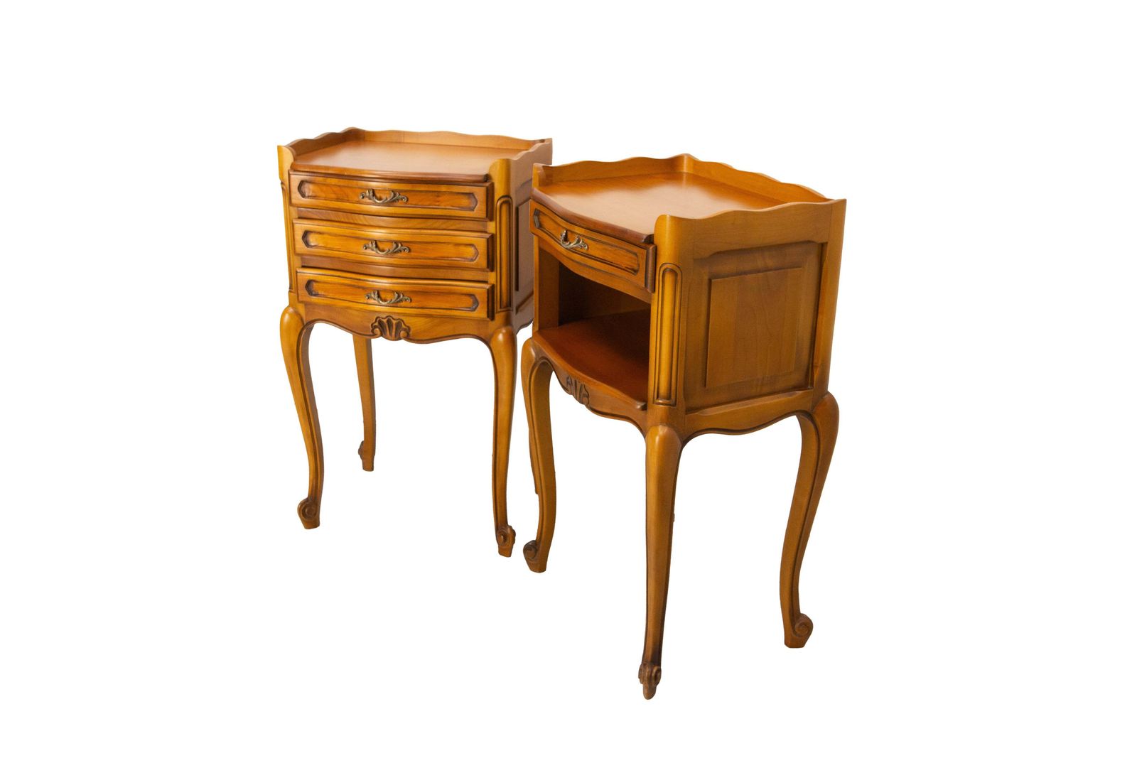 French Pair Nightstands Louis XV Style Side Cabinets Bedside Cherry Wood C 1970 photo for sale