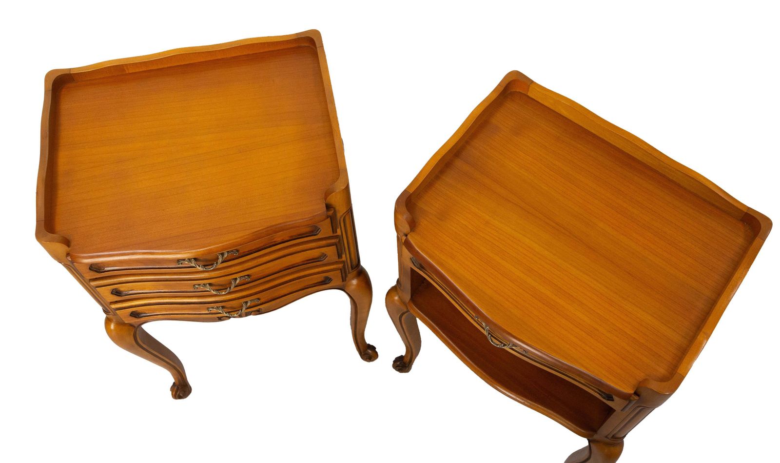 French Pair Nightstands Louis XV Style Side Cabinets Bedside Cherry Wood C 1970 photo vintage
