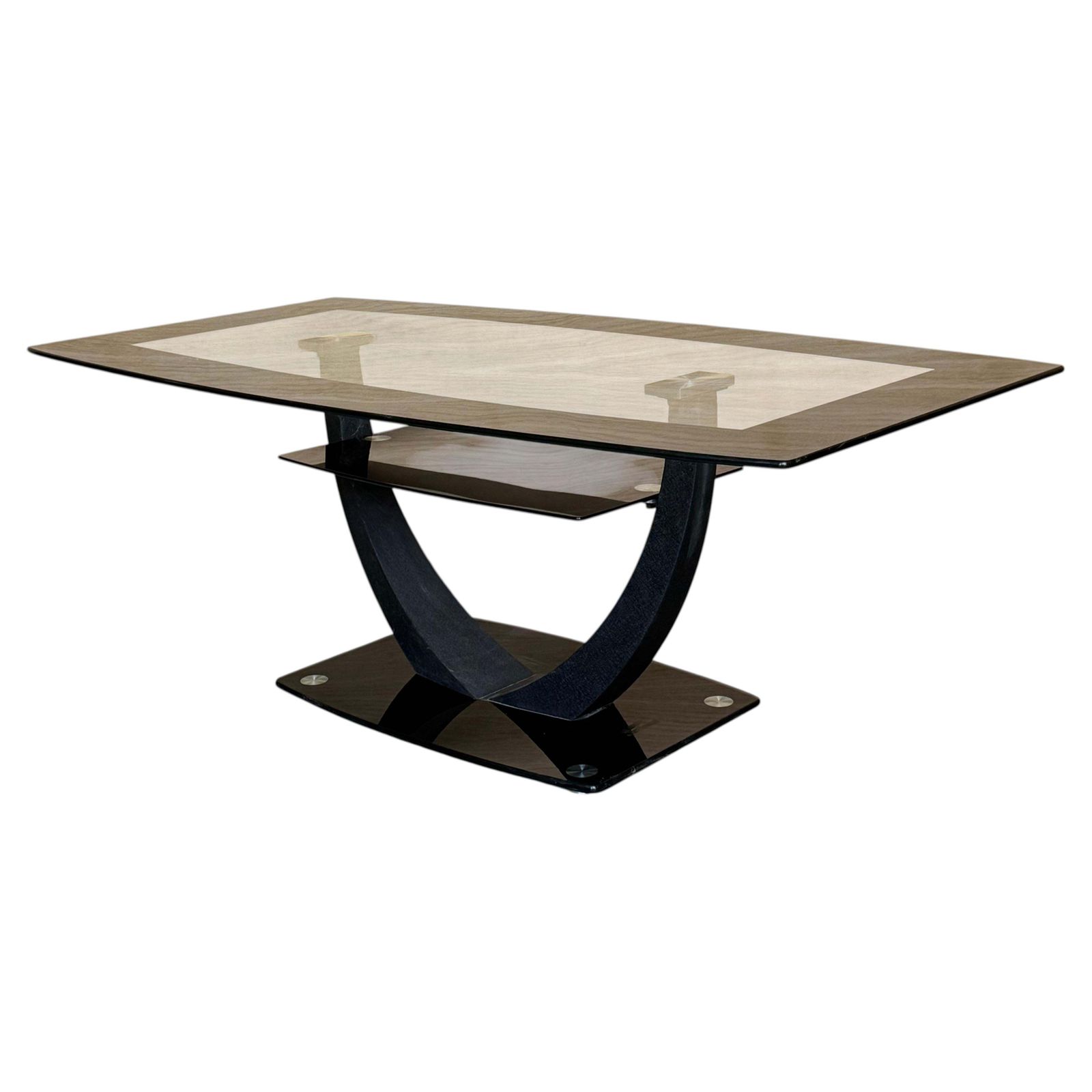 Table basse rectangulaire à deux niveaux, plateau en verre noir et pied central en métal