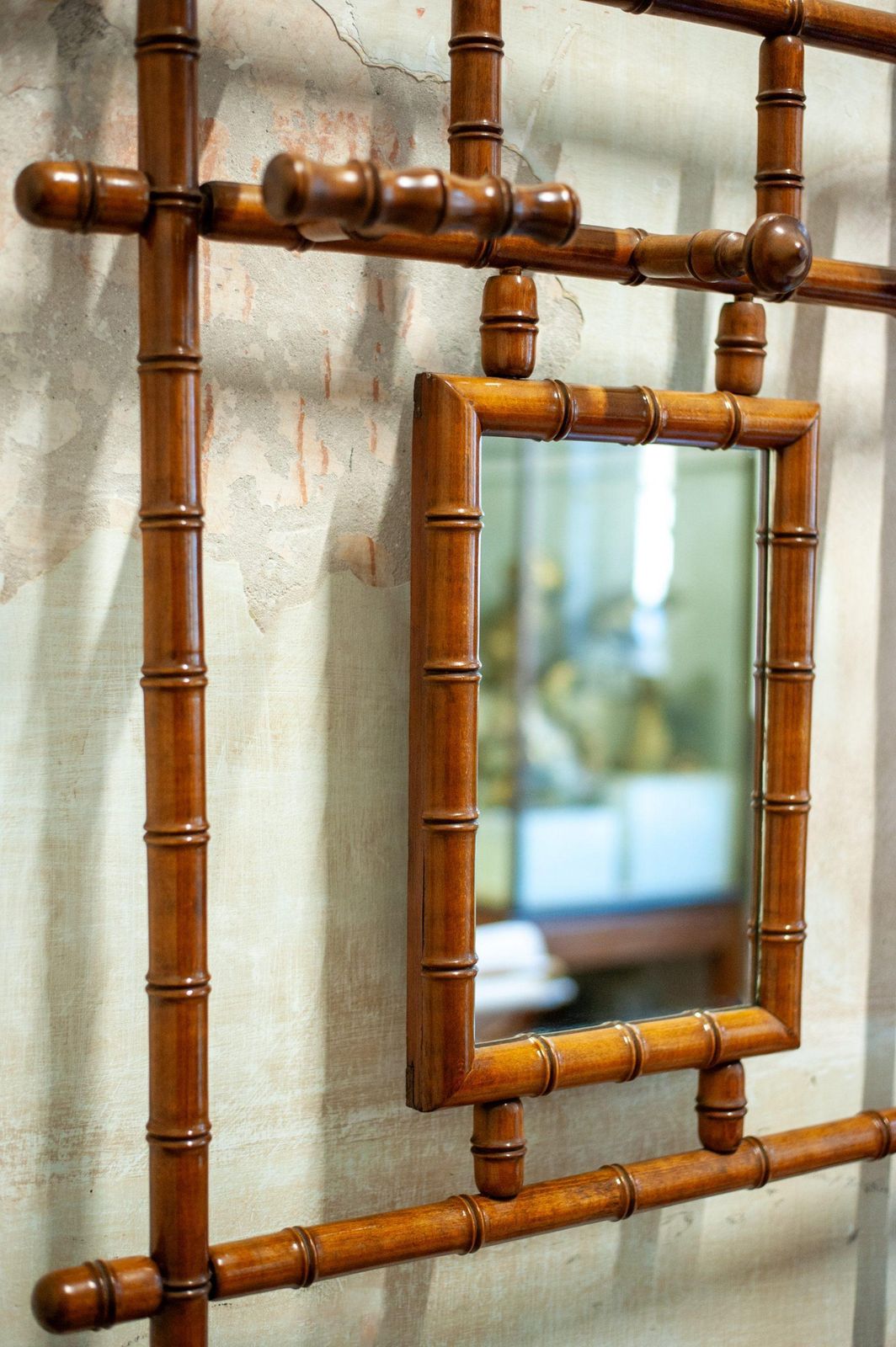 Coat Rack With Mirror And Umbrella Stand In Faux Bamboo photo for sale