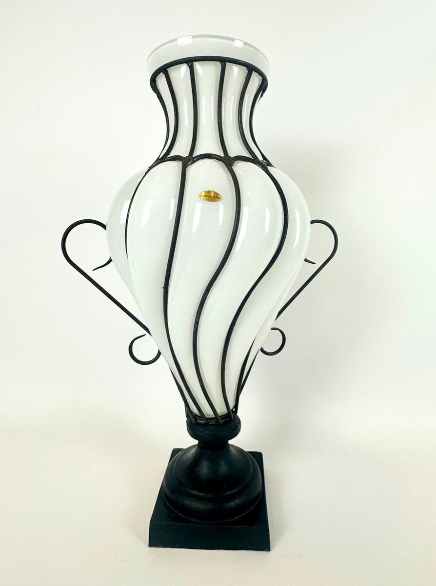 695.0 Large Caged Blown Glass Amphora Footed Vase By Leśna Huta, Poland, 1980s photo