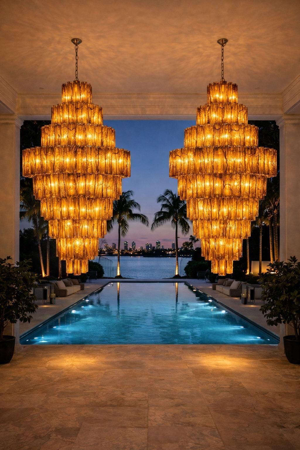 Pair Giant Italian Glass Alabaster Chandeliers, Murano photo vintage